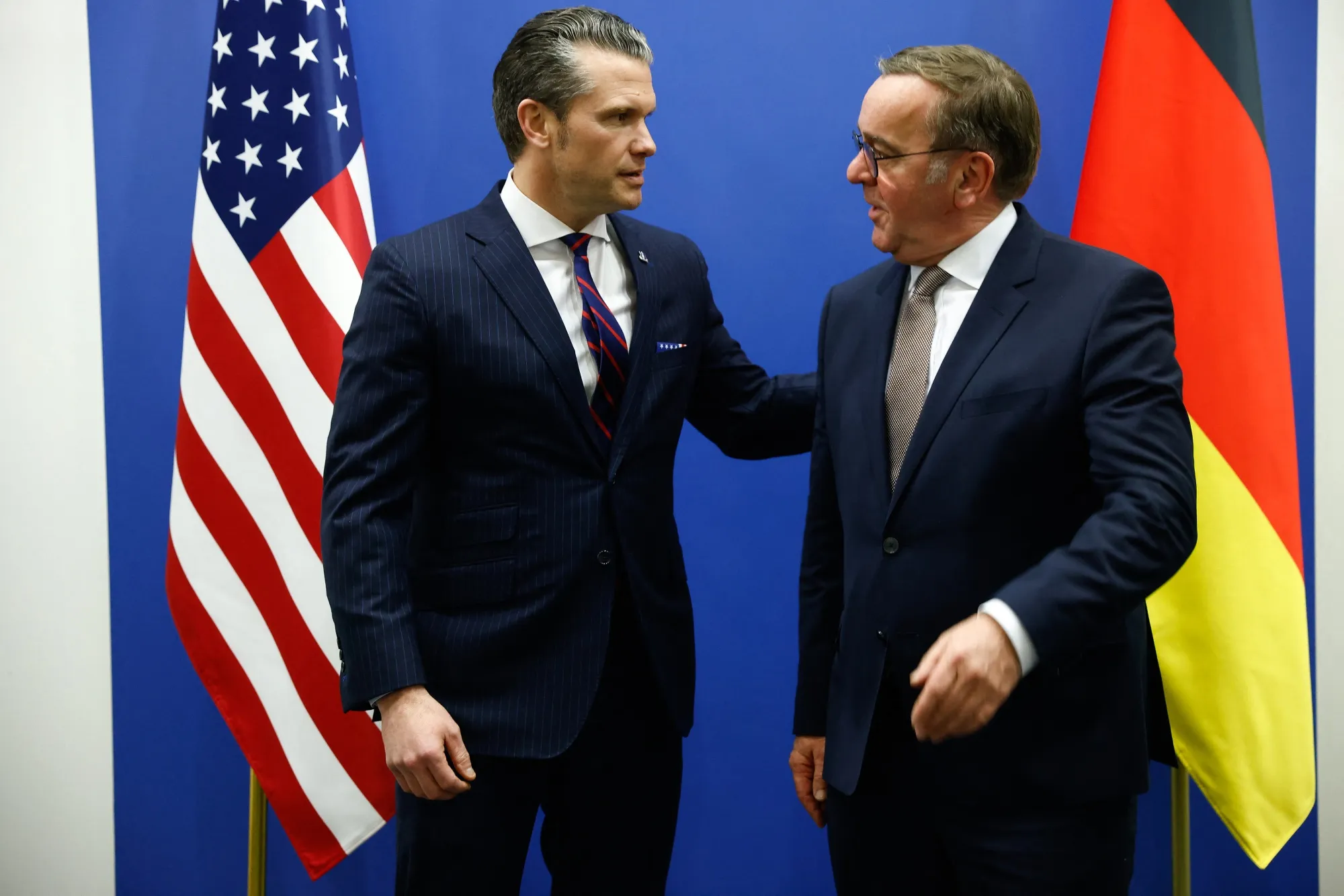 Pete Hegseth, left, with German Defence Minister Boris Pistorius, ahead of a NATO defence ministers' meeting&nbsp;in Brussels, on Feb. 12.