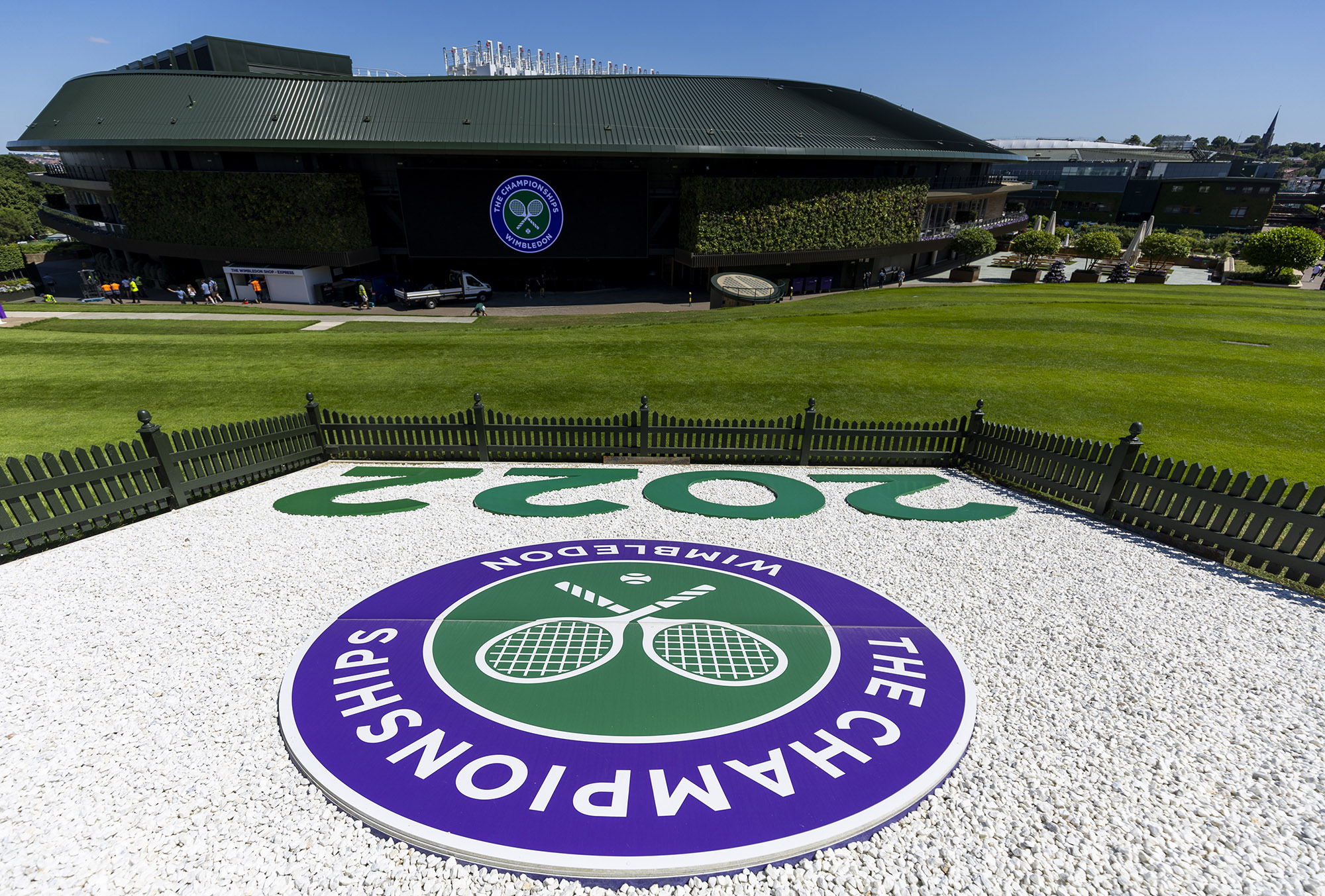 General view of the 2022 tournament logo ahead of the 2022 Wimbledon Championship at the All England Lawn Tennis and Croquet Club, Wimbledon. Picture date: Wednesday June 22, 2022.