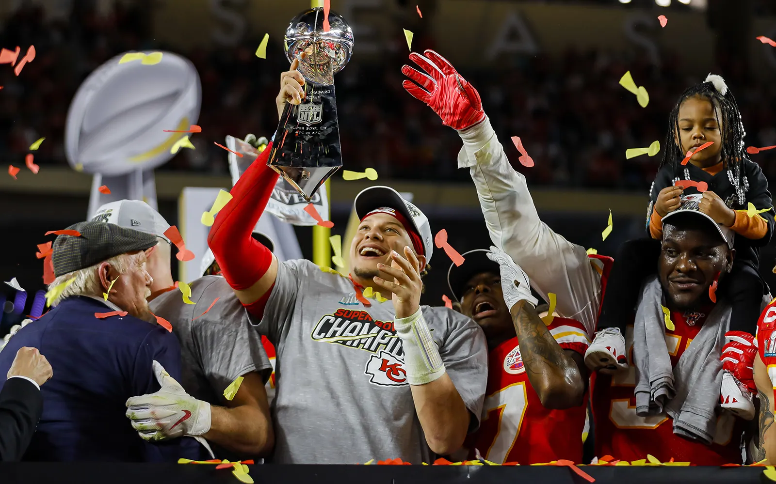 Patrick Mahomes holds the Vince Lombardi Trophy.