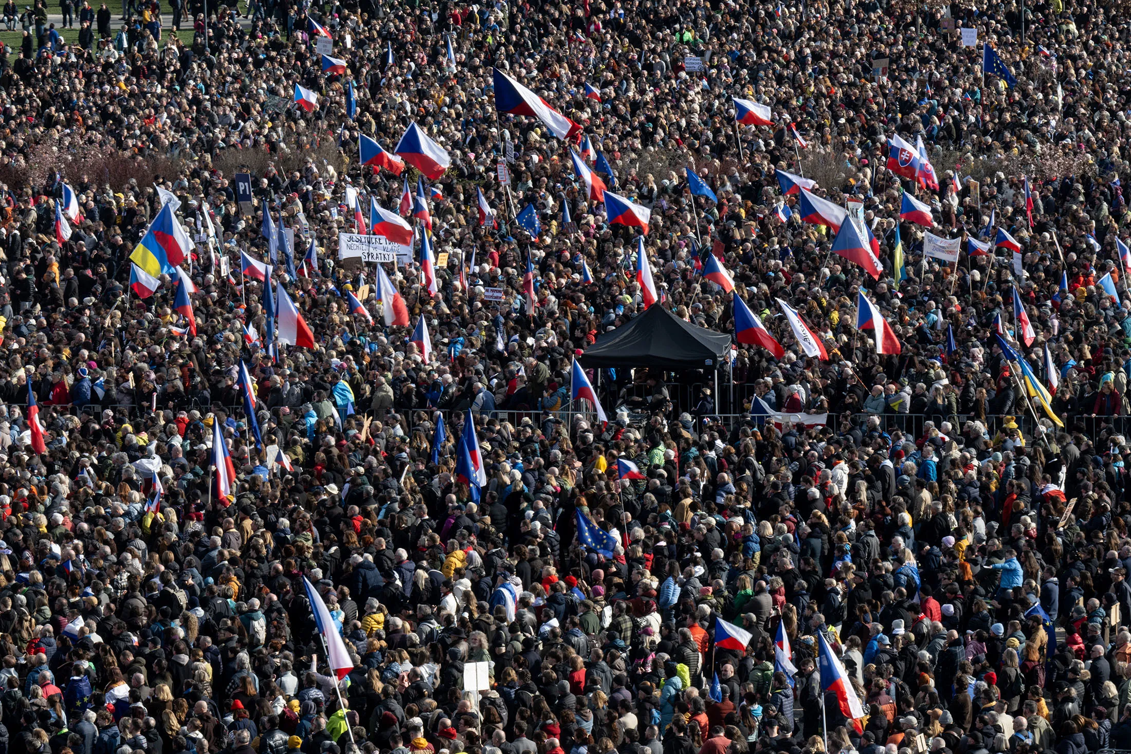 Demonstrators protest against Czech Prime Minister Andrej Babis and his government in Prague on March 21.