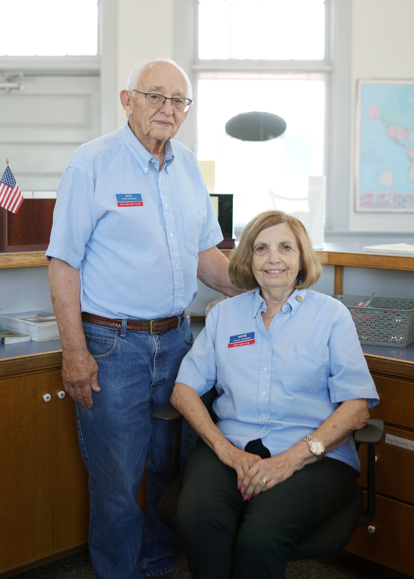Bob and Nadine McClure volunteer at the Lamar visitor center. They say the new EV chargers lure in travelers that might otherwise stop elsewhere.
  