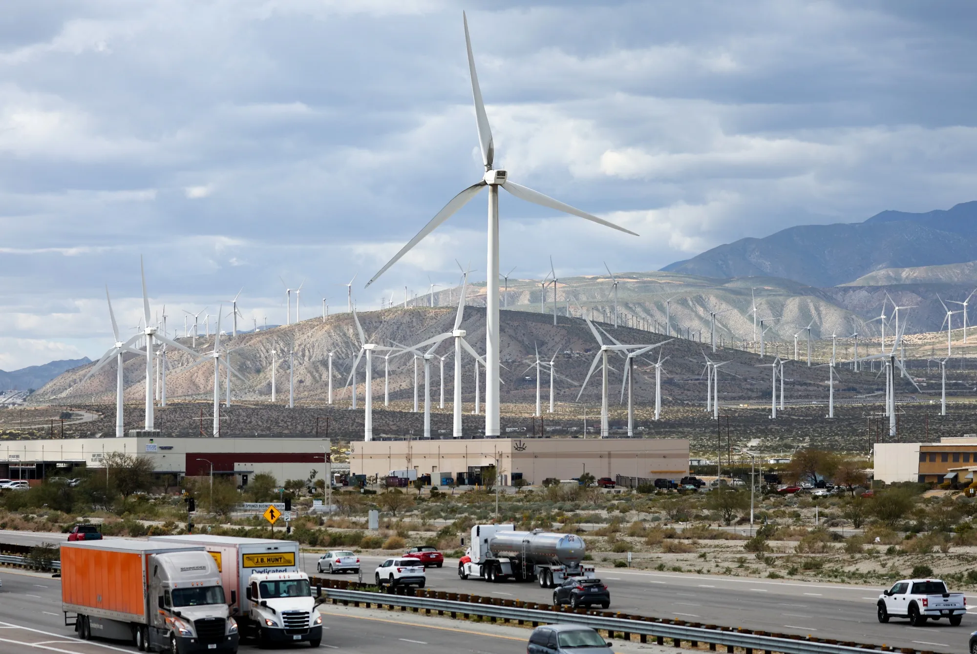 Wind turbines operate near Palm Springs, California.