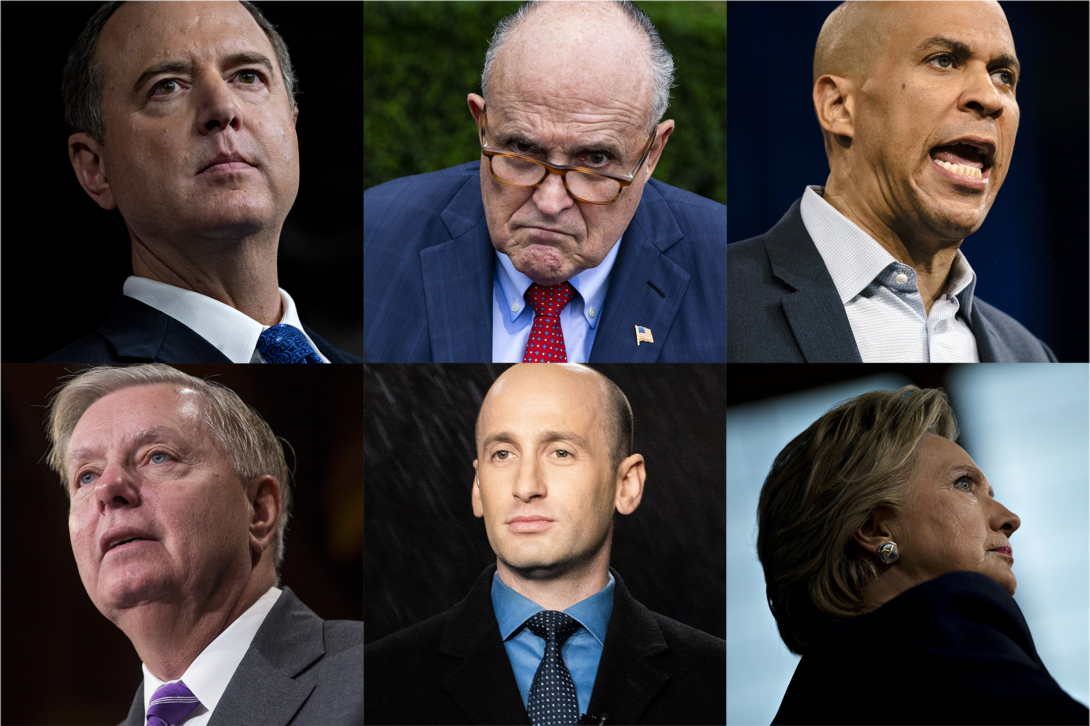 Adam Schiff, from top left clockwise, Rudy Giuliani, Cory Booker, Hillary Clinton, Stephen Miller, and Lindsey Graham