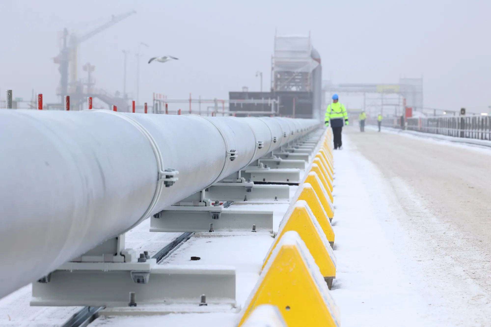 A gas pipe on the jetty at the Wilhelmshaven LNG Terminal in Wilhelmshaven, Germany.