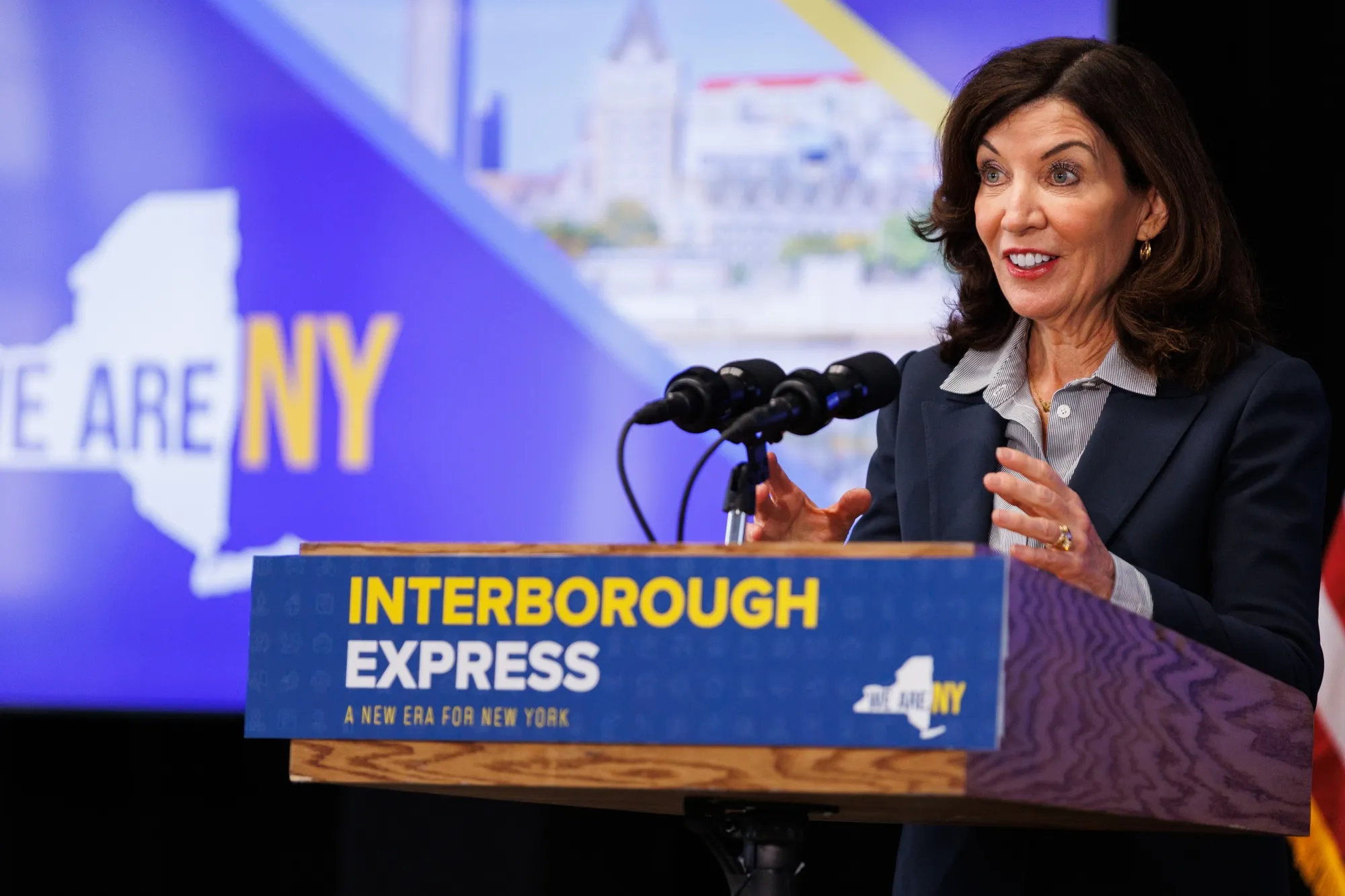 Kathy Hochul during a news conference about the Interborough Express in 2022.