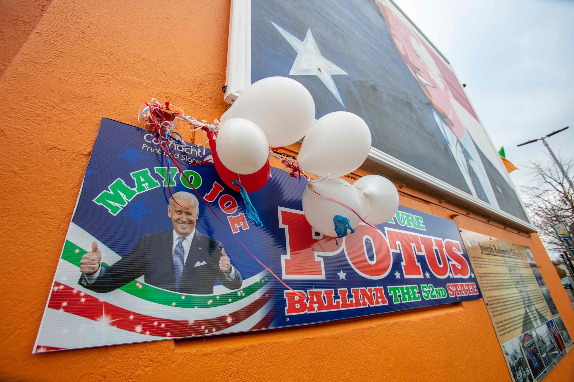 A poster in support of U.S. president-elect Joe Biden in his ancestral hometown of Ballina in County Mayo, Ireland.&nbsp;