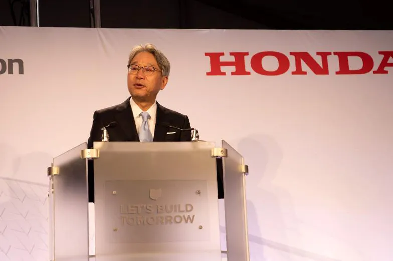 Toshihiro Mibe speaks at the groundbreaking for a joint venture EV battery facility in Fayette County, Ohio.