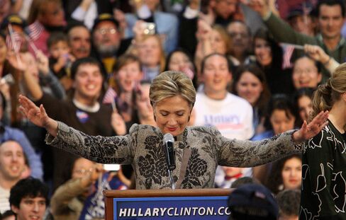 Democratic presidential hopeful Hillary Clinton asks for quiet as she celebrates her victory in the 2008 New Hampshire primary in Manchester.