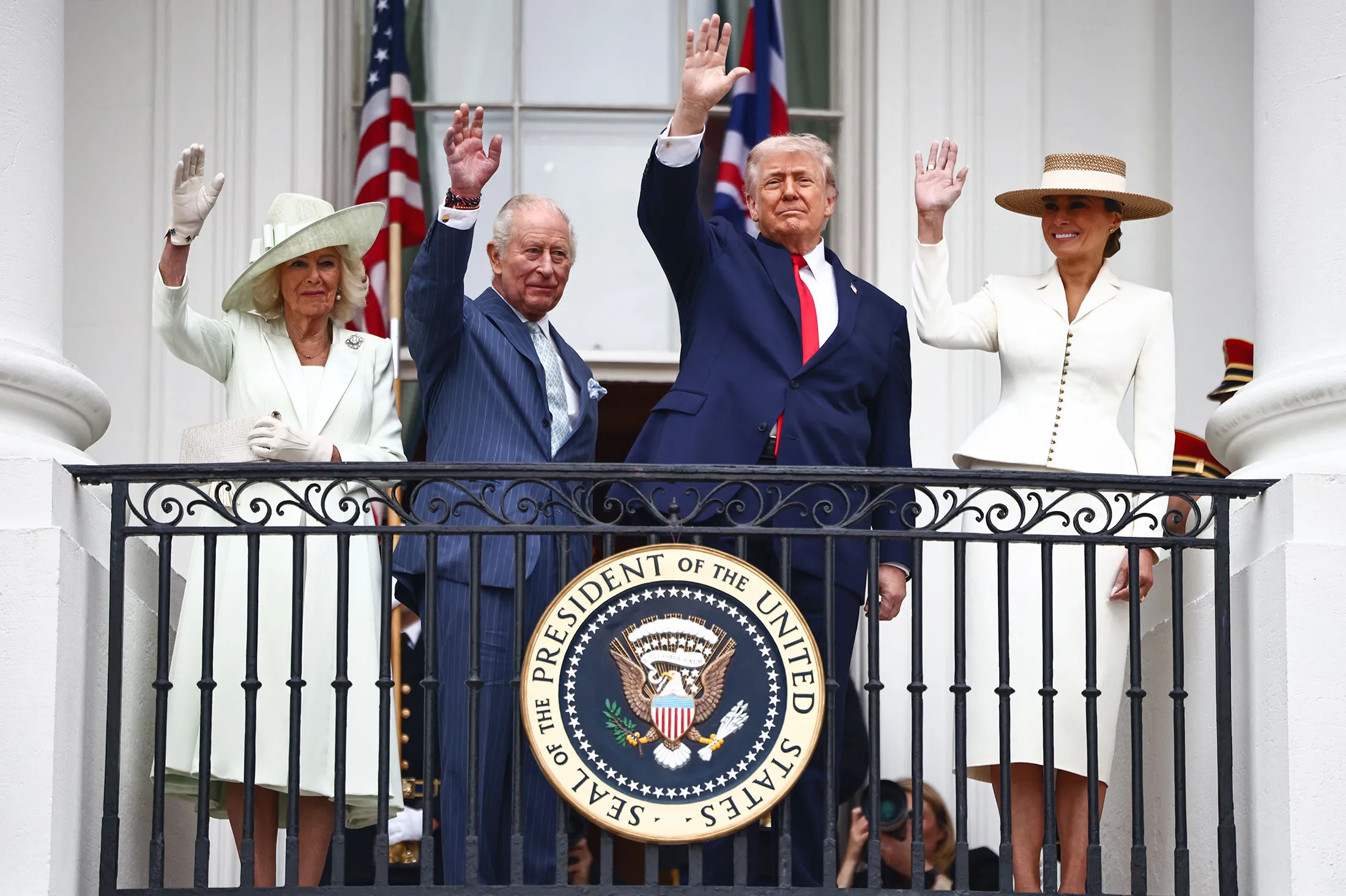 US President Donald Trump, First Lady Melania Trump, King Charles III and Queen Camilla during an arrival ceremony at the White House, on April 28.