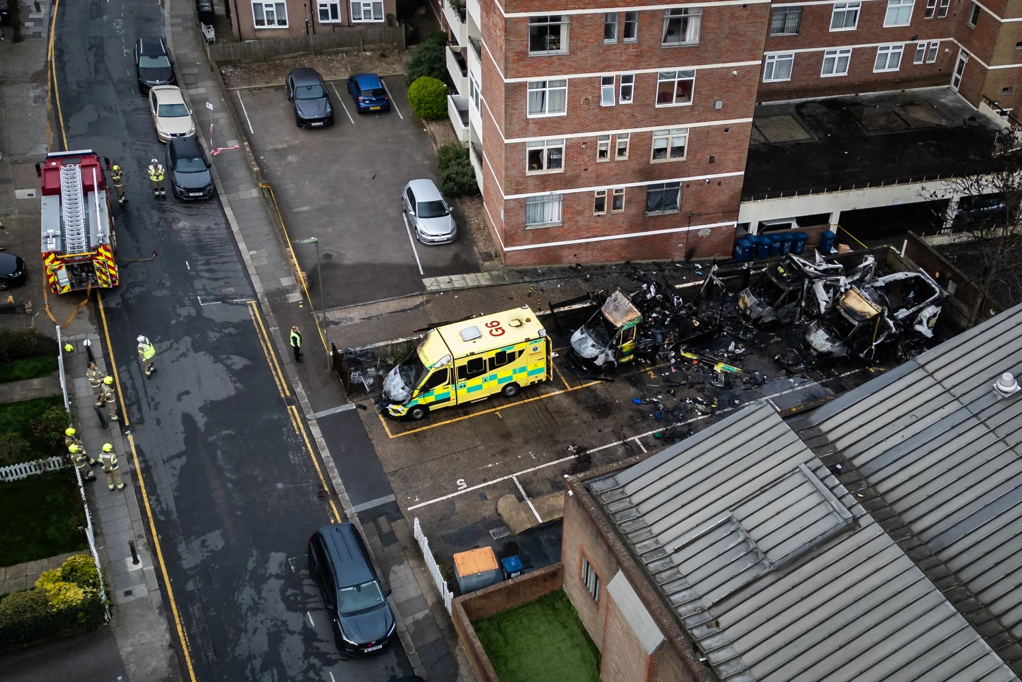 Fire services at the scene following an arson attack on an ambulance service&nbsp;run by a Jewish nonprofit organization in Golders Green, London, on March 23.