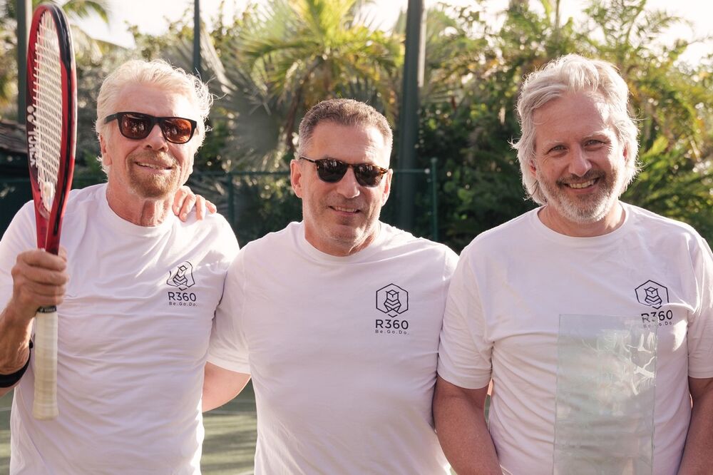 Richard Branson, from left, during an R360 networking tennis match with Michael Cole and Christopher Ryan, a former Tiger 21 chair in Texas and Puerto Rico and chief executive officer of GoBundance, a professional networking group.