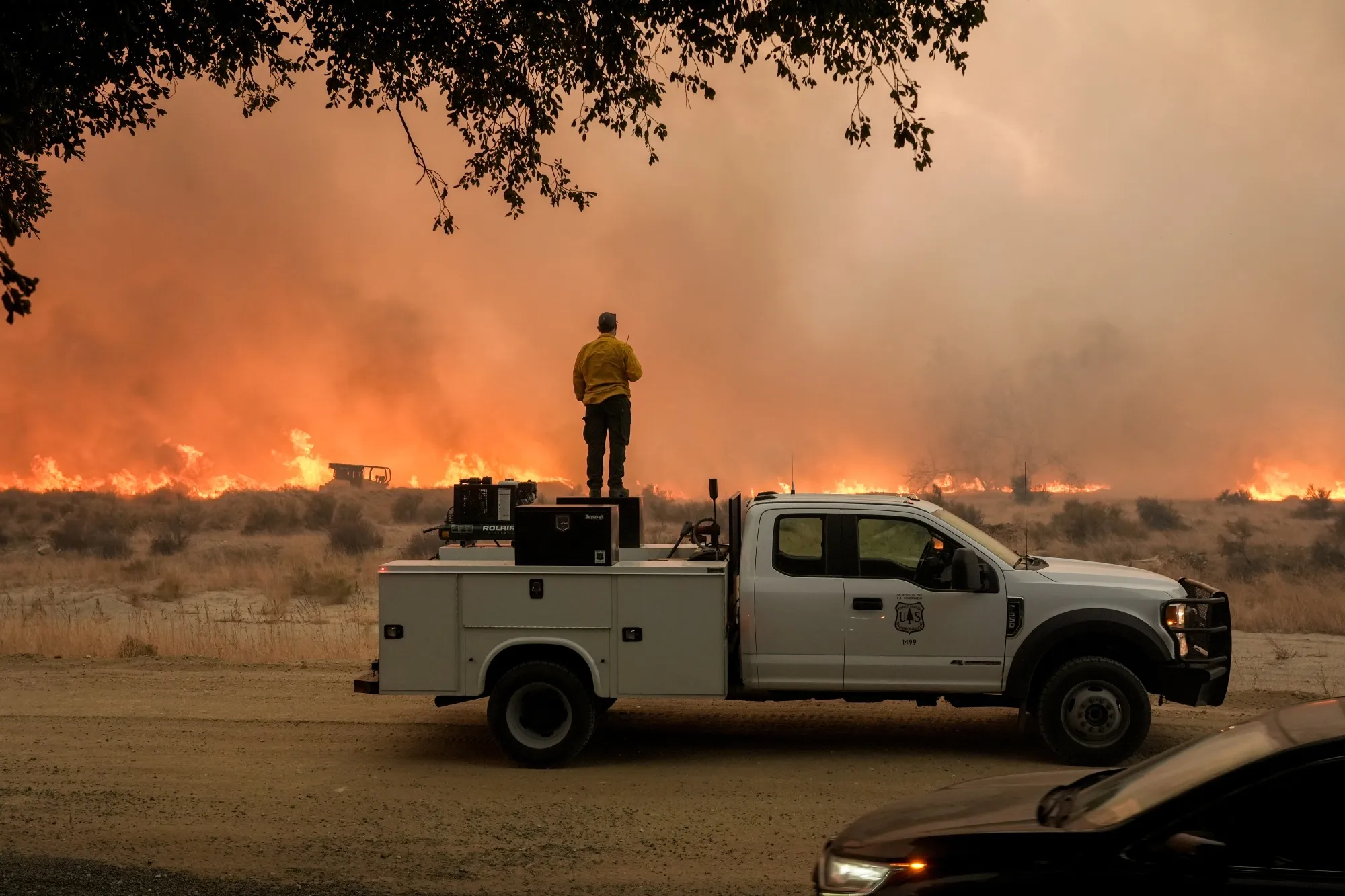 A US Forest Service firefighter monitors the&nbsp;Hughes Fire in Southern California.