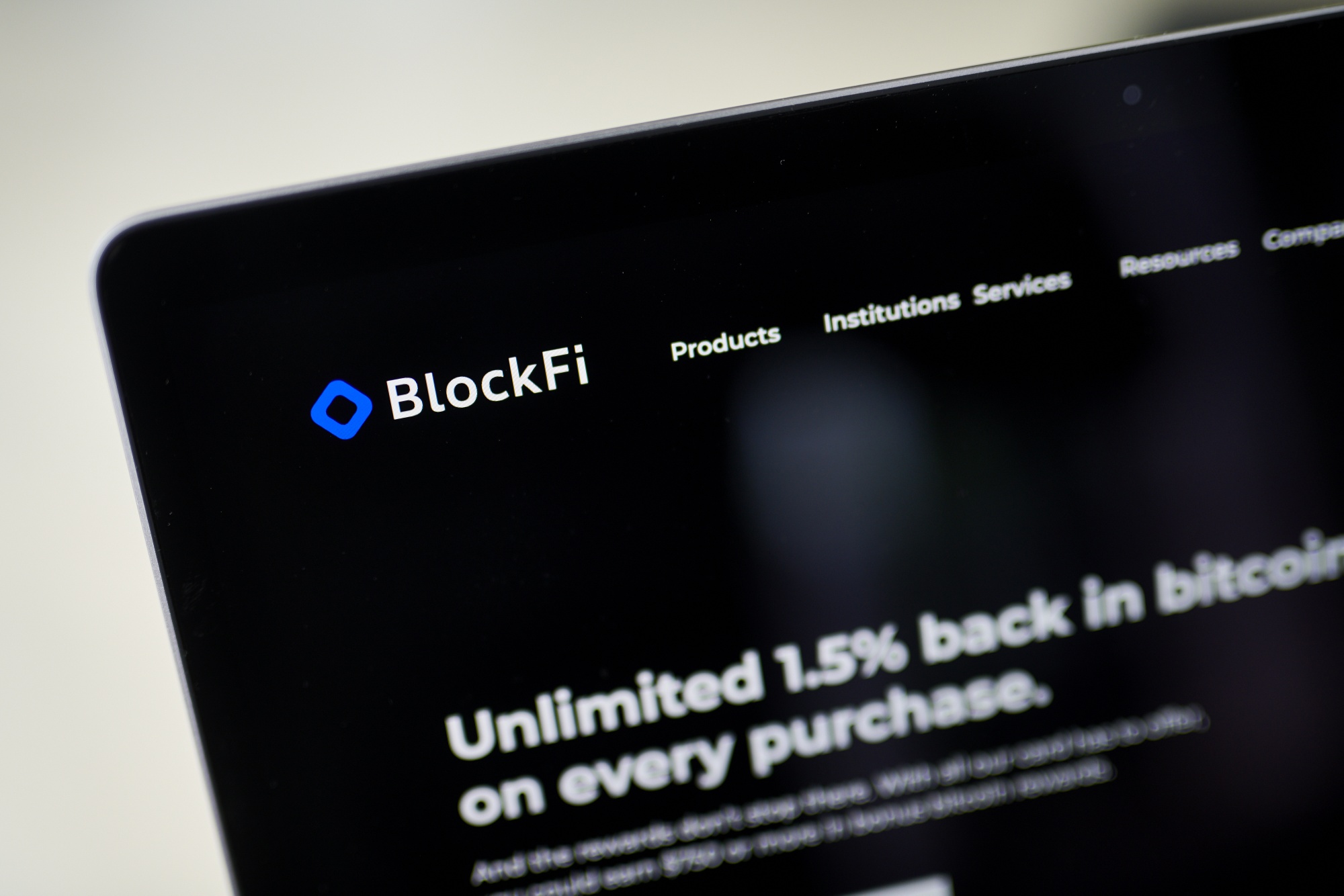 The BlockFi website on a laptop computer.