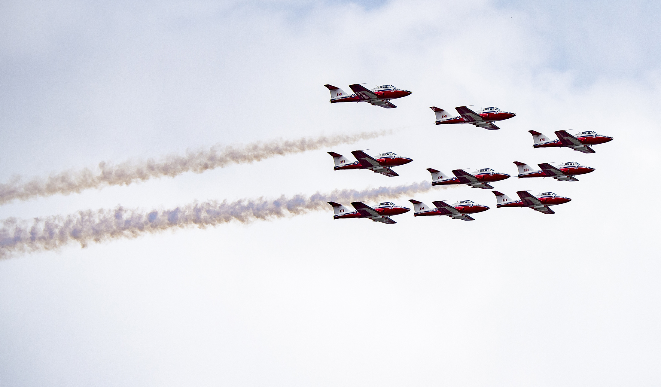 The Snowbirds, the Royal Canadian Air Force air acrobatics team, fly over Montreal, Quebec, Canada, on May 7, 2020.