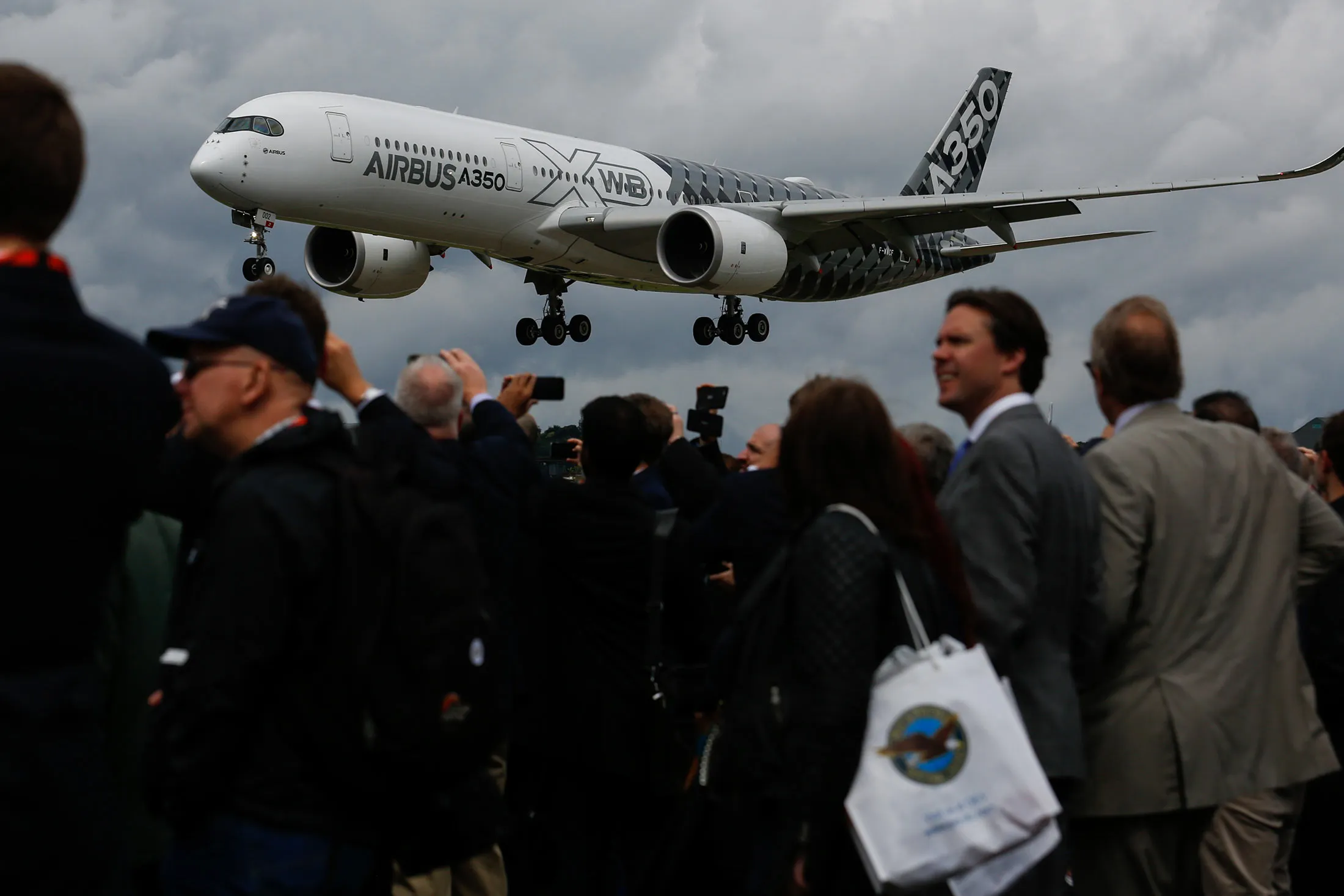 An Airbus A350 at the Farnborough International Airshow on July 12, 2016.
