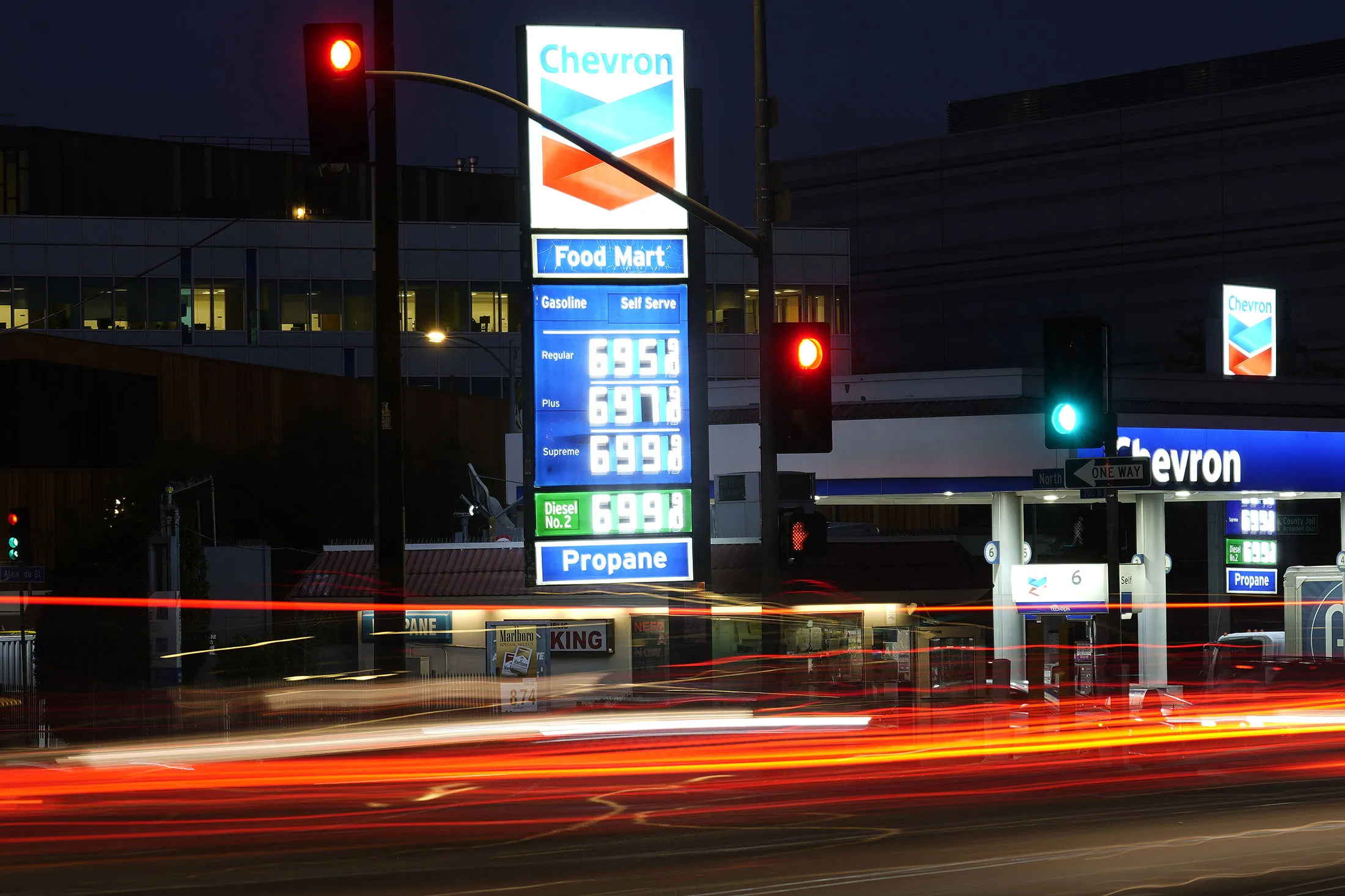 Gasoline prices displayed at a Chevron station in Los Angeles, on March 7.
