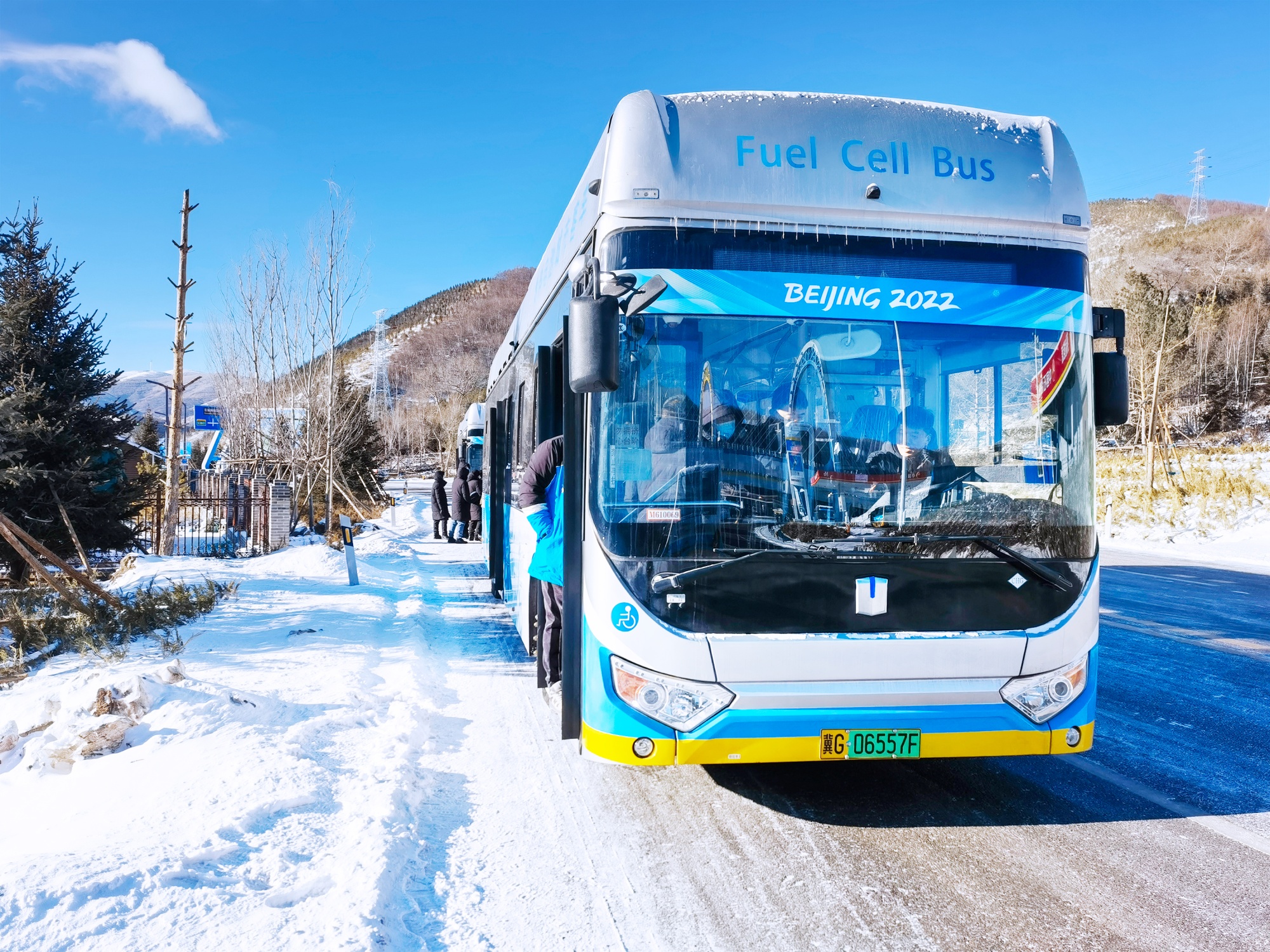 A Farizon hydrogen bus at a the Olympics Village in Zhangjiakou.