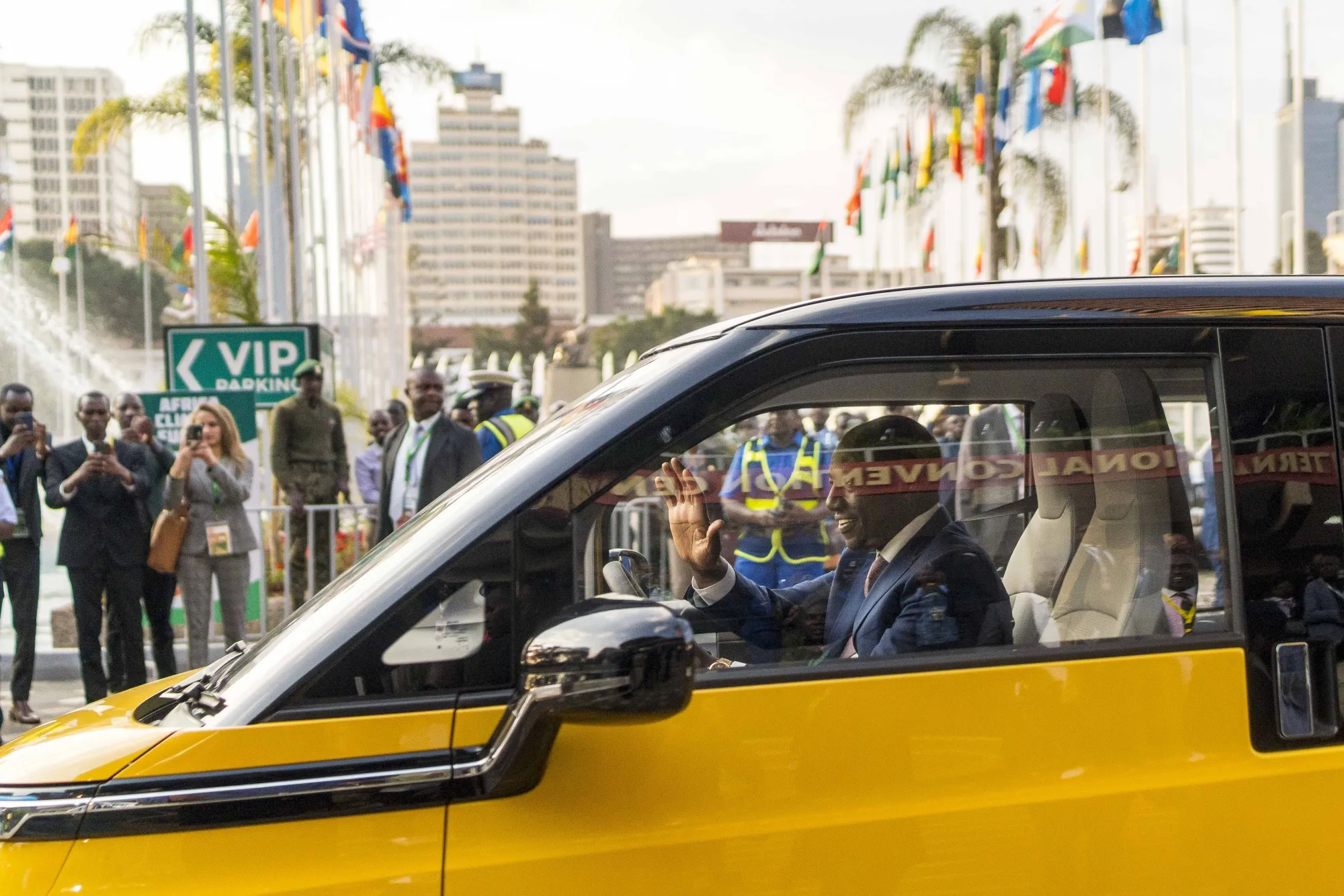 William Ruto drives&nbsp;in an Air EV Yetu mini electric vehicle after attending the Africa Climate Summit.