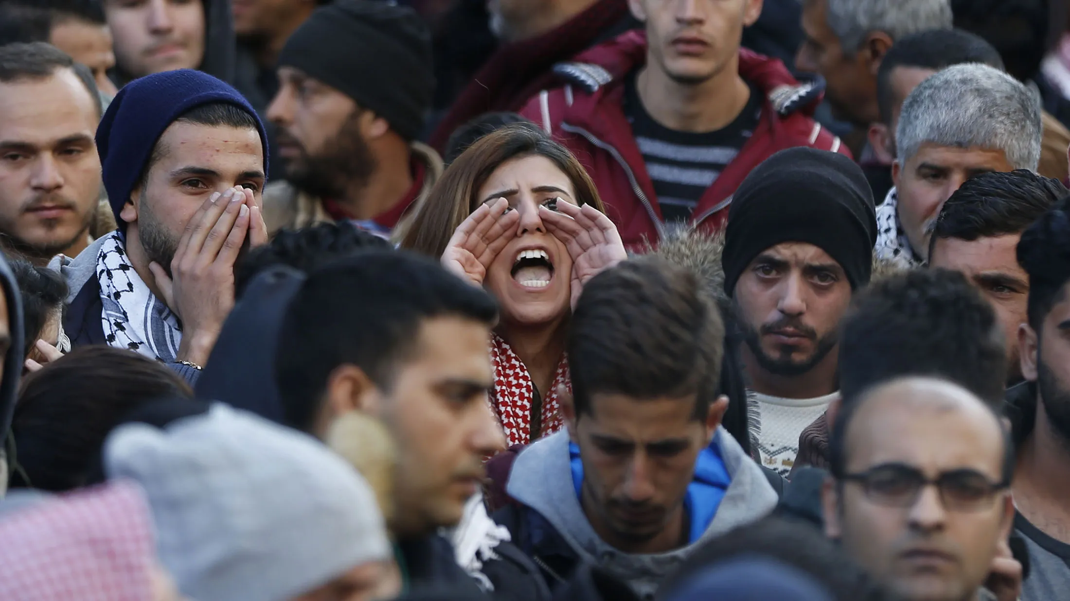 Palestinians demonstrate in the center of the West Bank city of Ramallah against the security coordination between Palestinian security forces and Israel on March 13, 2017.

