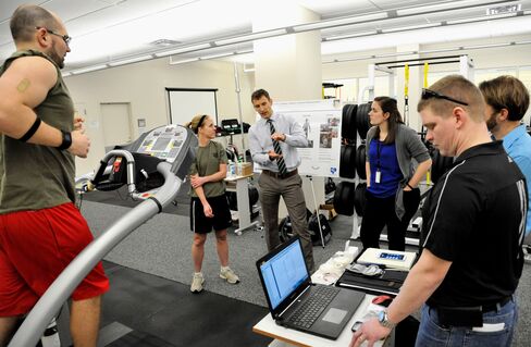 Testing a new sweat sensor prototype on the treadmill at Wright-Patterson Air Force Base, Ohio.