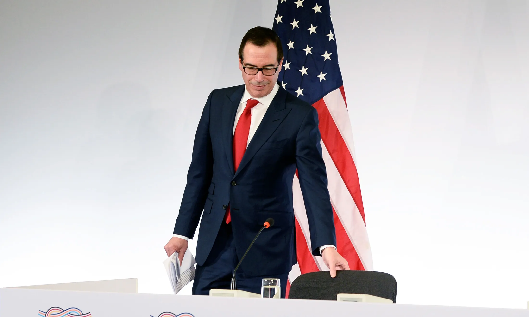 Steven Mnuchin arrives for a press conference at the G20 Finance Ministers and Central Bank Governors Meeting, March 18.

