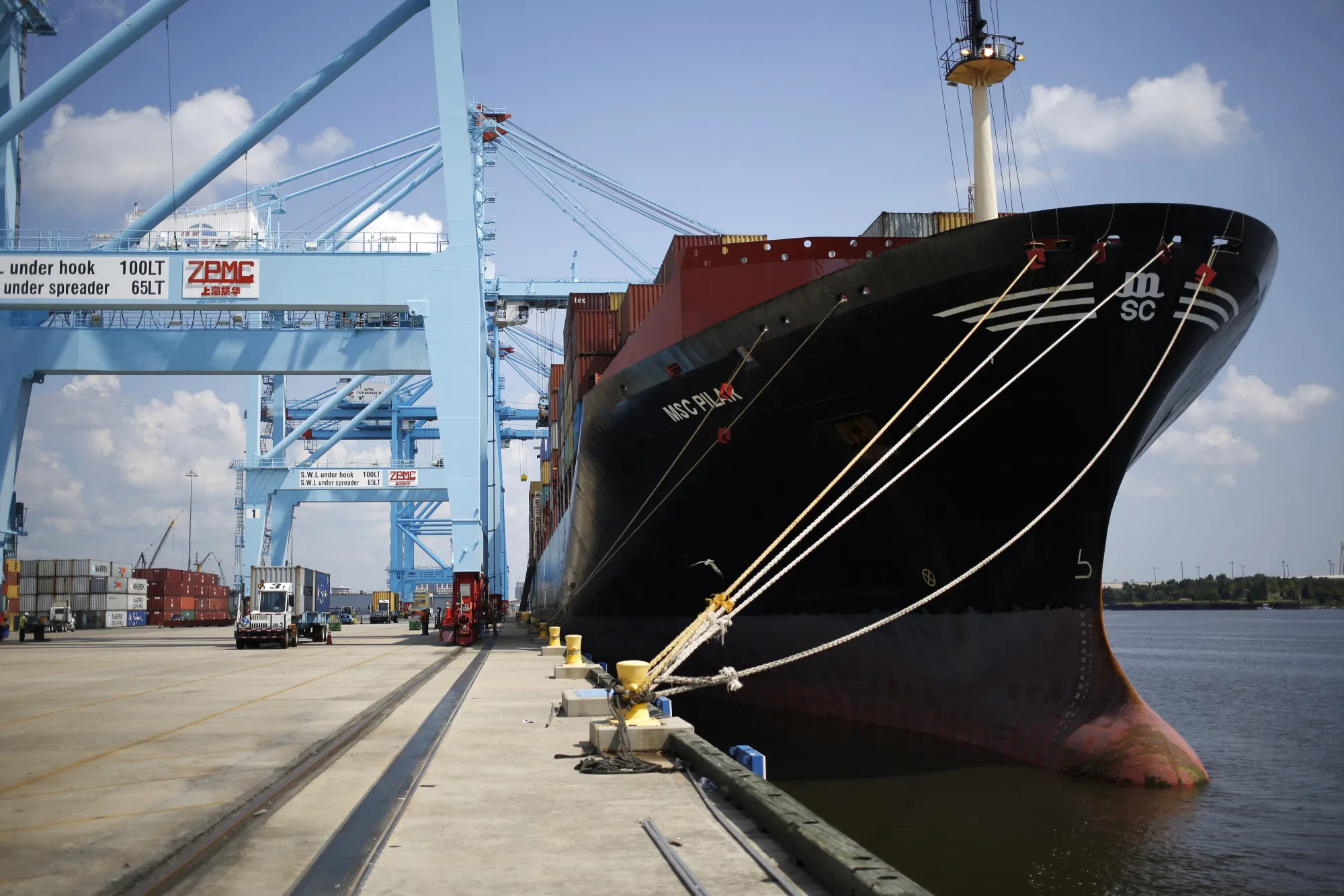 The Mediterranean Shipping Co. (MSC) Pilar cargo ship sits docked at the APM Terminals yard in the Port of Mobile in Mobile, Alabama, U.S., on Thursday, July 20, 2017.
