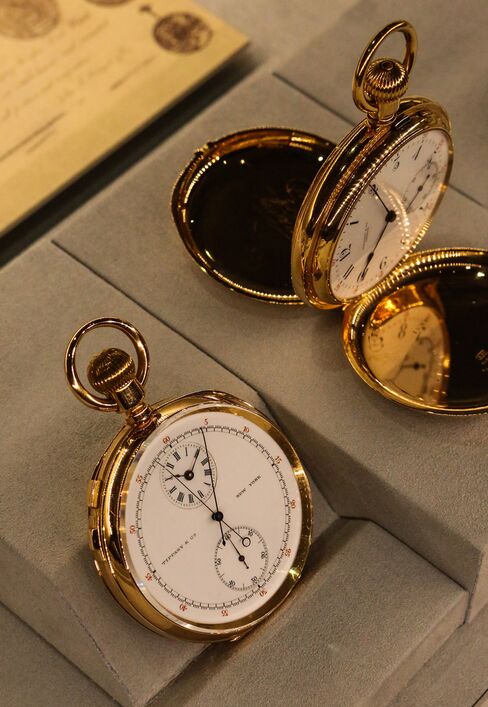 Watches from Tiffany on display at the TimeCrafters watch show in New York, on May 13, 2016.