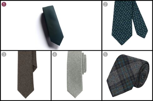(1) Wool flannel necktie, Brooklyn Tailors, $85, brooklyn-tailors.com; (2) Petronius wool flannel print tie, Sid Mashburn, $185, sidmashburn.com; (3) Wool flannel tie, Polo Ralph Lauren, $125, ralphlauren.com; (4) Italian wool tie in medium grey, J.Crew, $69.50, jcrew.com; (5) Flannel necktie, Barneys, $155, barneys.com