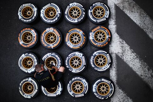 Pirelli tyres sit on the track prior to the Belgian Grand Prix at Circuit de Spa-Francorchamps in Belgium.