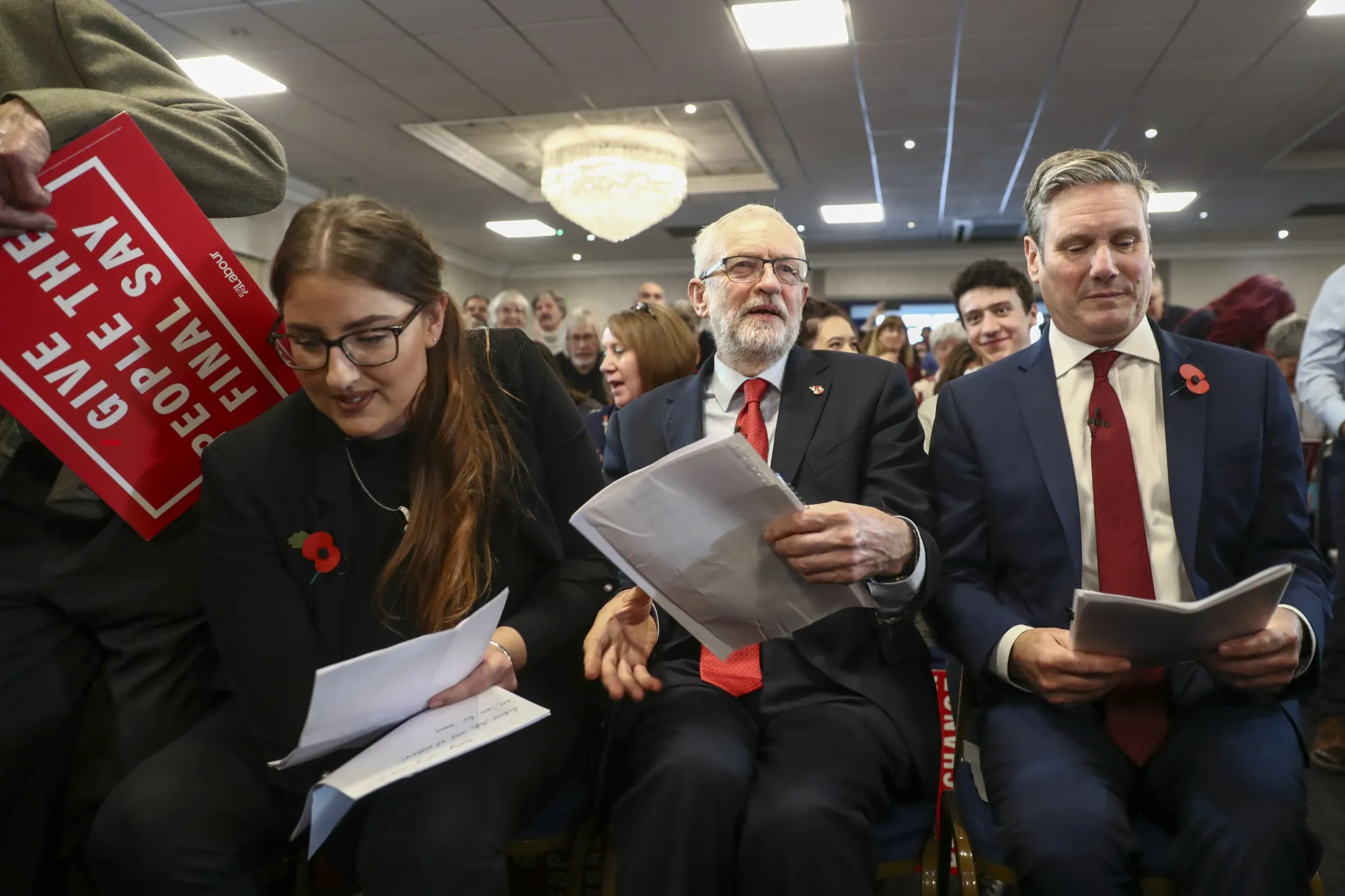 Jeremy Corbyn, center, ahead of delivering a speech on Brexit, in Harlow, U.K., on Nov. 5.
