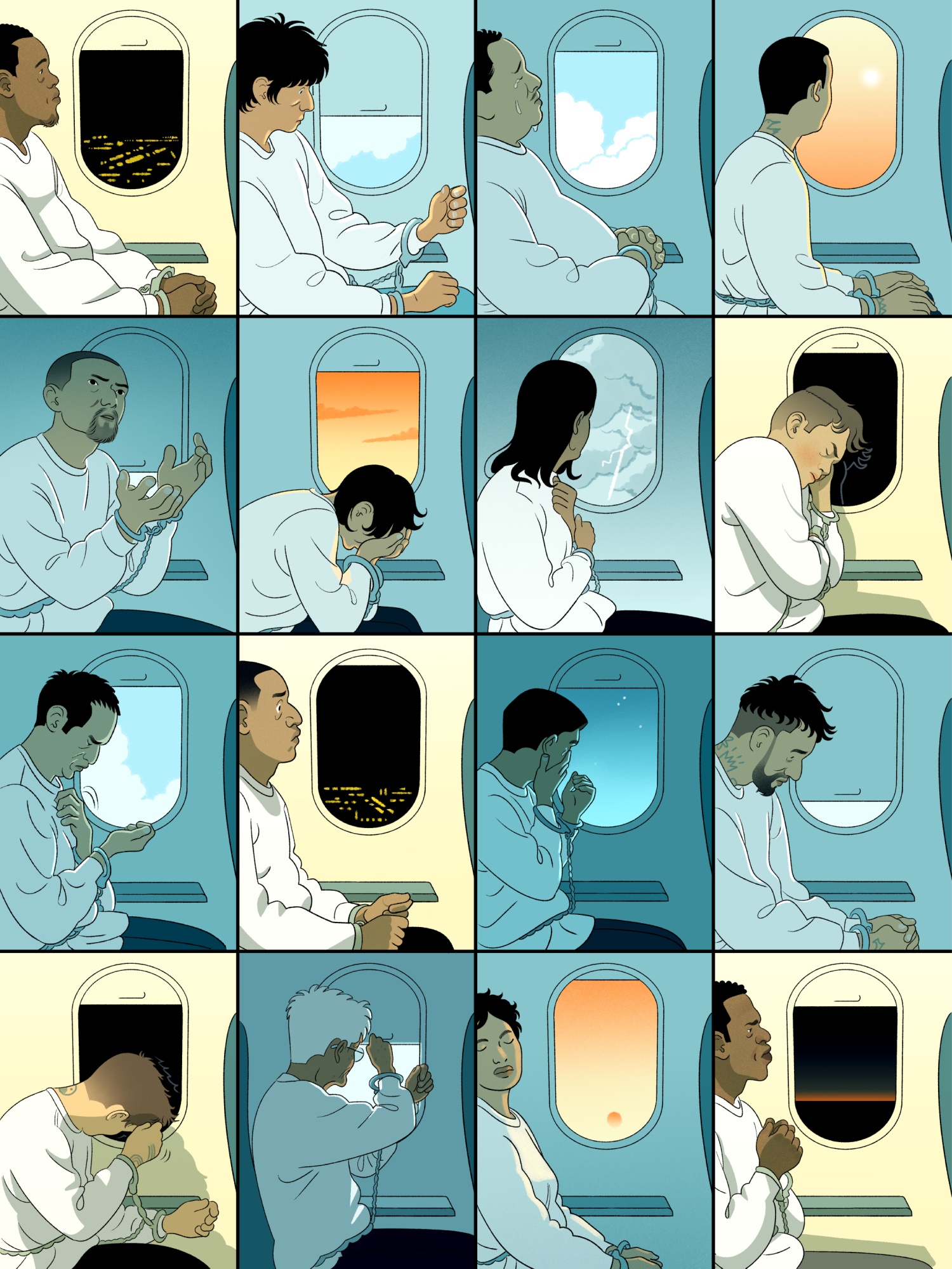 An illustration of detained individuals in handcuffs aboard an airplane.