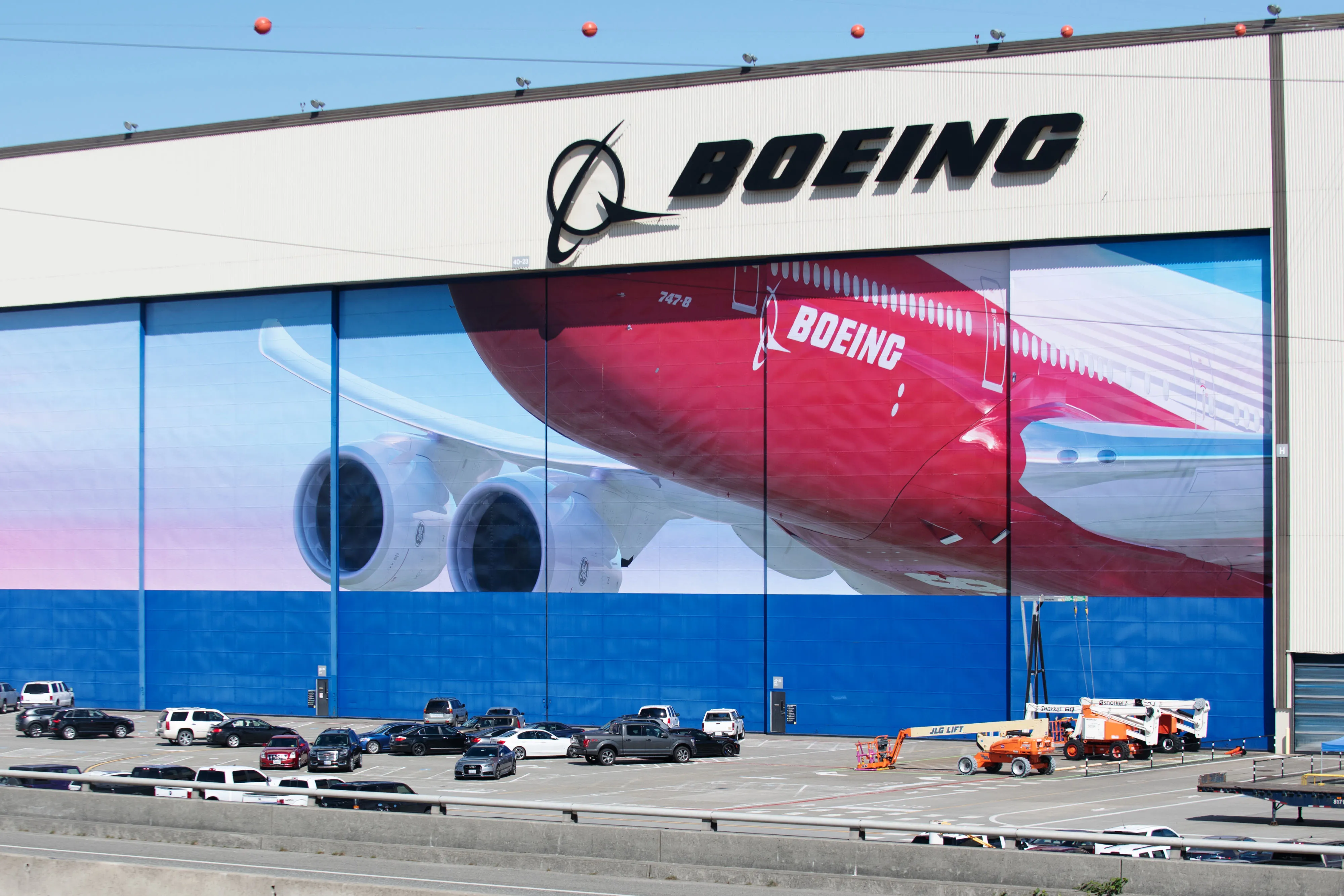 Cars sit parked in an employee parking lot at a Boeing facility in Everett, Washingtonn on April 20.