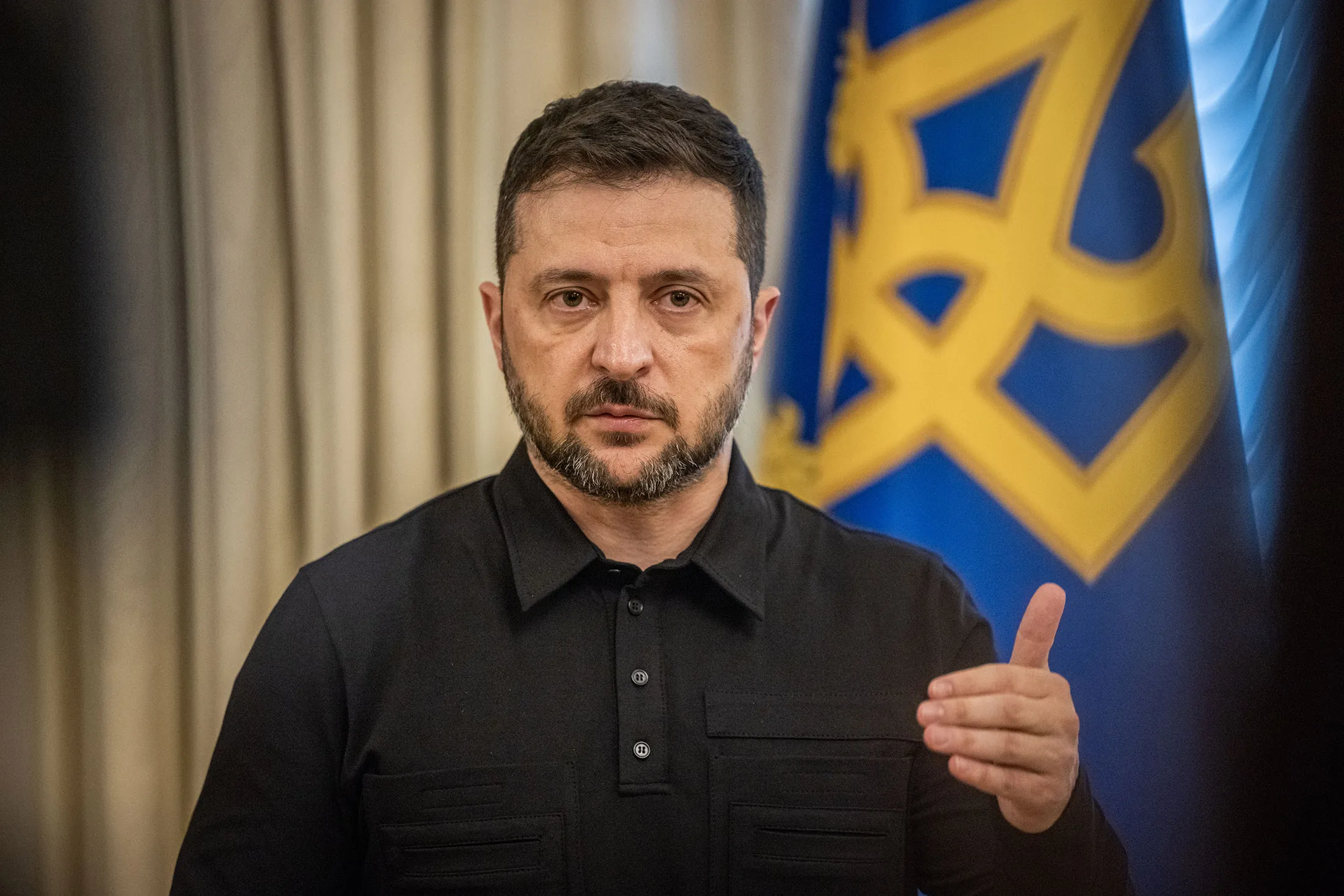 Volodymyr Zelenskiy speaks to members of the media in Ukraine’s Presidential Office in Kyiv on Sept. 27.