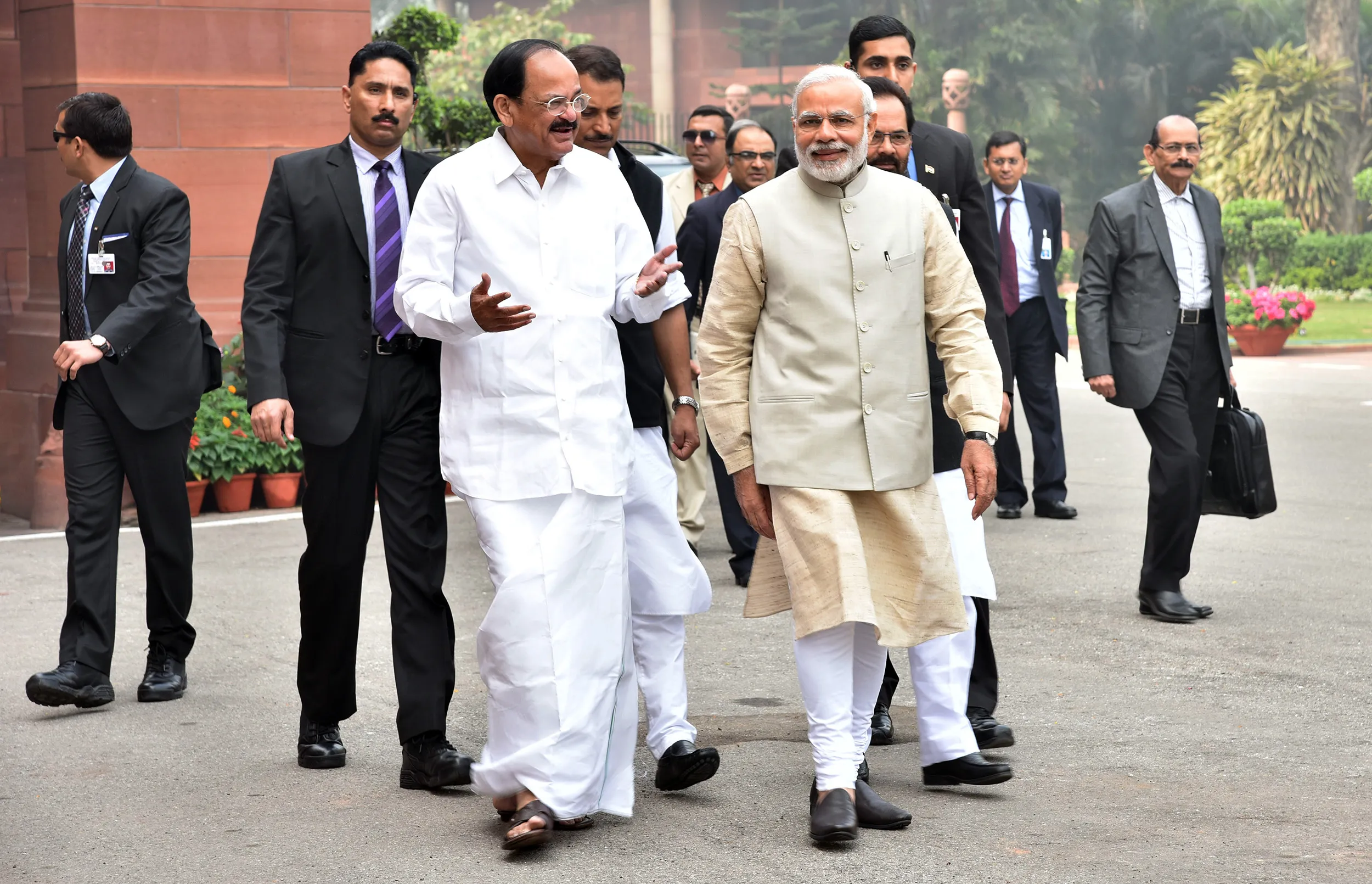 Indian Prime Minister Narendra Modi (R-front) and Union Parliamentary Affairs Minister Venkaiah Naidu (L-front)
