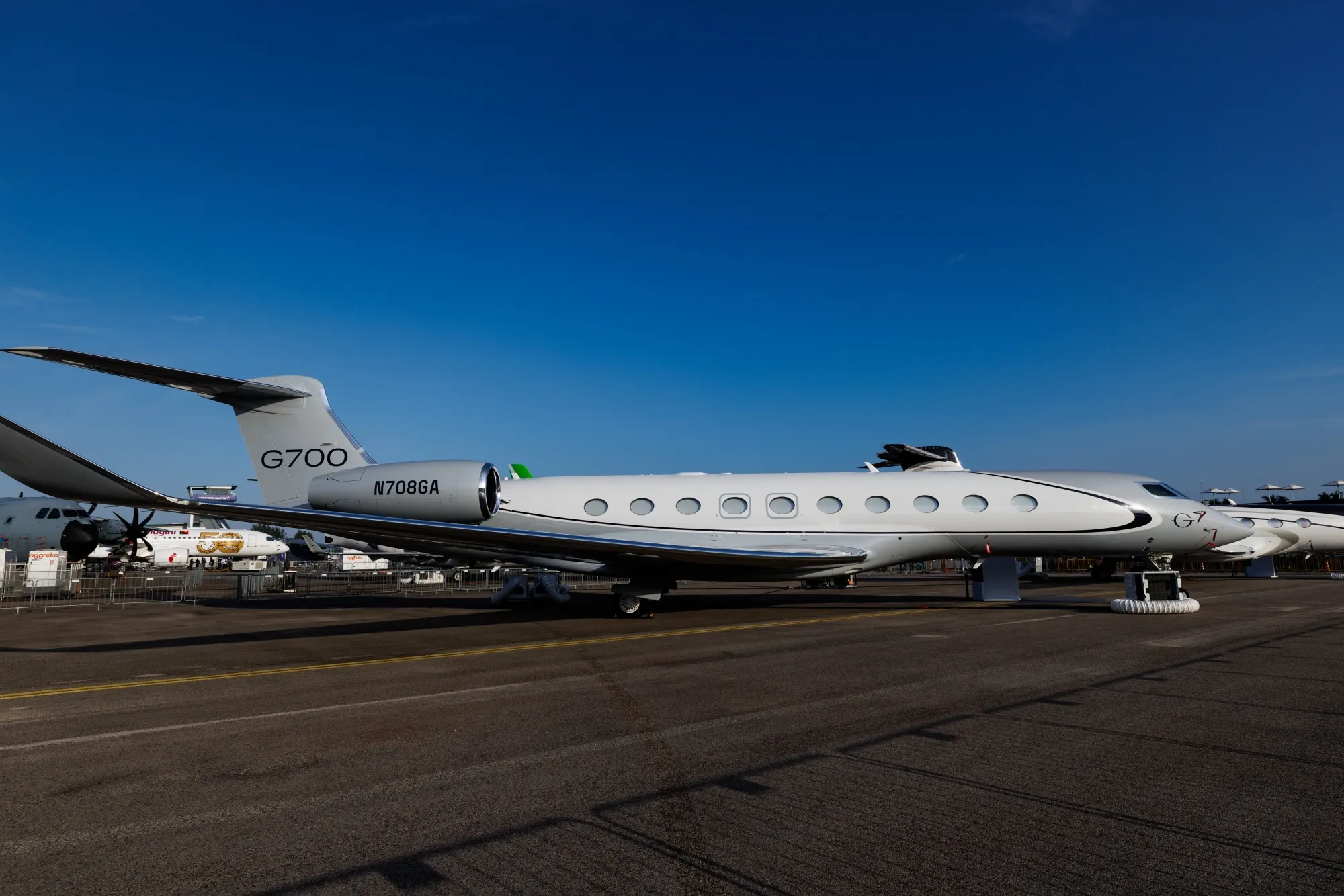 A Gulfstream G700 business jet, manufactured by Gulfstream Aerospace Corp., a unit of General Dynamics Corp., on display during the Singapore Airshow in Singapore, on Feb. 3.