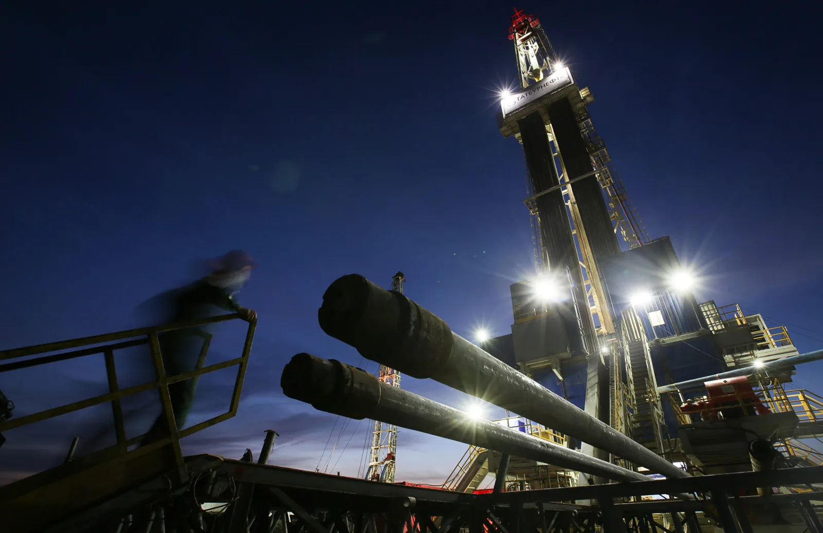 An oil drilling platform near Almetyevsk, Russia.
