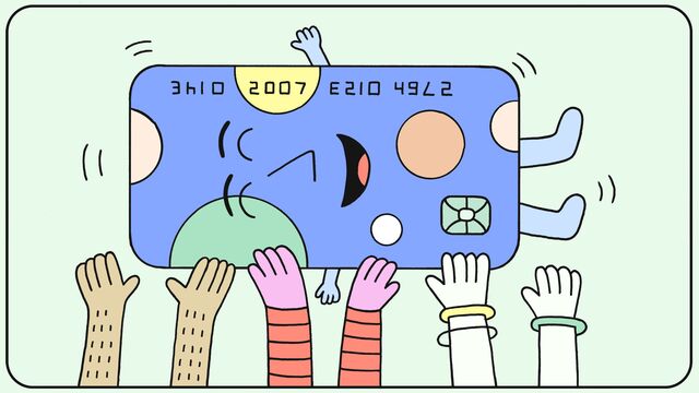 Illustration showing credit card character crowd-surfing
