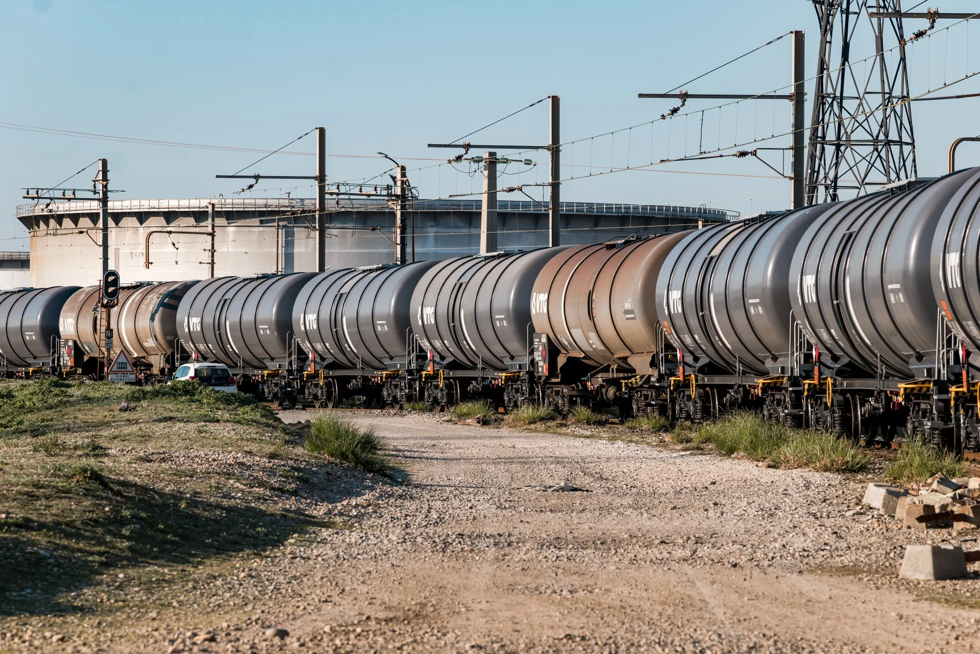 Freight train wagons at the Rhone Energies SAS oil refinery in Fos-sur-mer, France.
