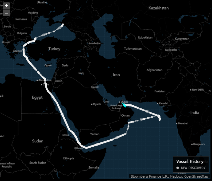 Suezmax New Discovery carrying Russia’s Urals crude heads to Sohar, Oman, after idling of the west coast of India.