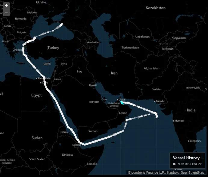 Suezmax New Discovery carrying Russia’s Urals crude heads to Sohar, Oman, after idling of the west coast of India.