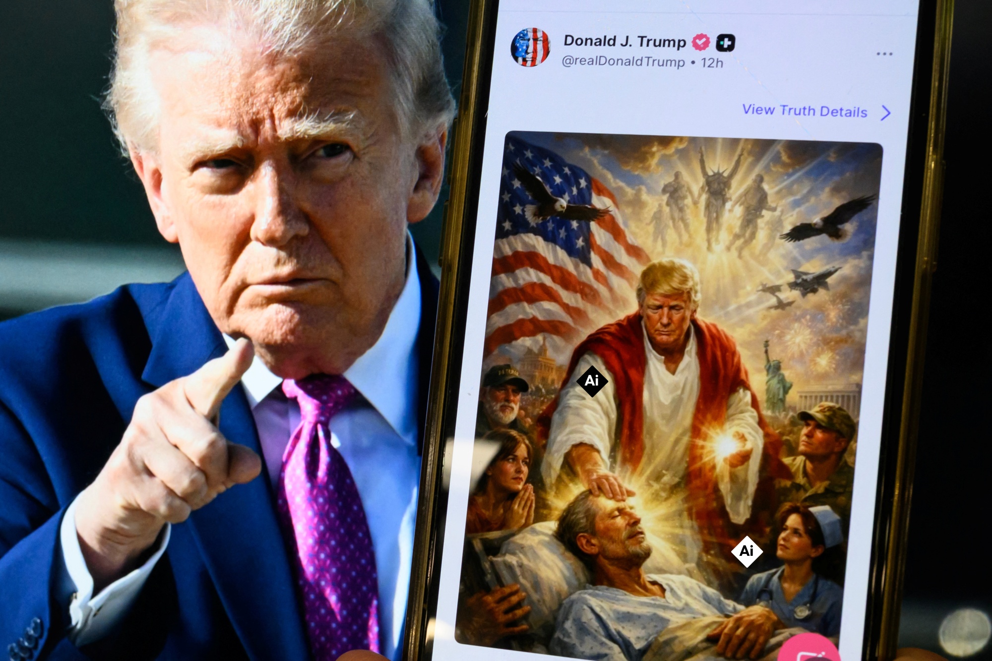 TOPSHOT - This photo illustration created on April 13, 2026 shows a picture of US President Donald Trump on a screen and an AI-generated picture he posted on his Truth Social platform depicting himself as Jesus Christ after criticizing Pope Leo XIV. Trump later posted an AI-generated image seemingly depicting himself as Jesus Christ. In the image, the president appears dressed in red and white robes as he cures a man with his healing hand. The American flag is shown over his shoulder. Trump and the White House have previously shared AI-generated images, including one that showed the president dressed as the pope. (Photo by Mandel NGAN / AFP via Getty Images) / NOTE TO EDITORS : ADDITION OF THE AFP VISUAL LABEL TO THE IMAGE GENERATED BY ARTIFICIAL INTELLIGENCE Photographer: MANDEL NGAN/AFP