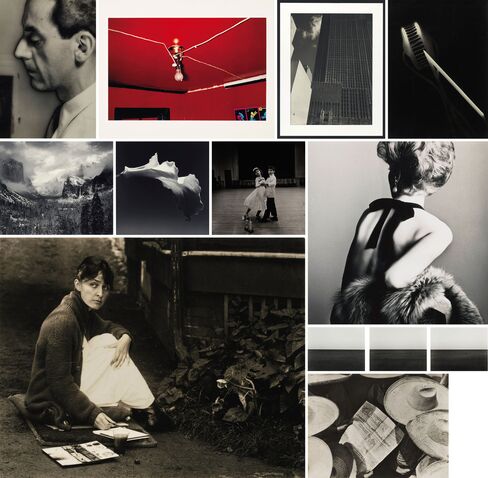 Clockwise from top left: Man Ray, Untitled (Self-Portrait with Camera), 1932; William Eggleston, Untitled (Greenwood, Mississippi), 1973; Edward Steichen, Rockefeller Center, c. 1932; László Moholy-Nagy, Photogram, 1925-28, printed circa 1929; Irving Penn, Woman with Bare Back, New York, 1961, printed in 1984; Hiroshi Sugimoto, Baltic Sea, Rügen' (Triptych), 1996; Tina Modotti, Property of Various Owners, 1929; Alfred Stieglitz, Georgia O'Keeffe, 1918; Ansel Adams, Portfolio VI; Robert Mapplethorpe, Calla Lily, 1988; Diane Arbus, National Junior Interstate Dance Champions, 1963.