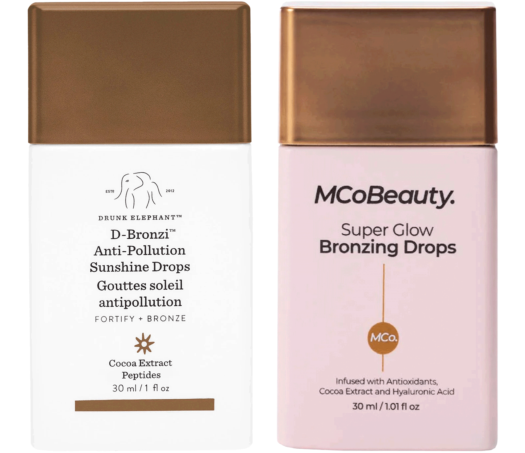 Drunk Elephant’s D-Bronzi Sunshine Drops next to MCo’s Super Glow Bronzing Drops