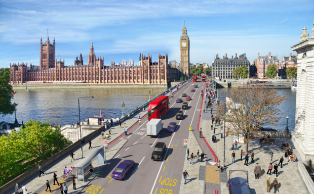 A rendering of planned cycle lanes for London's Westminster Bridge.