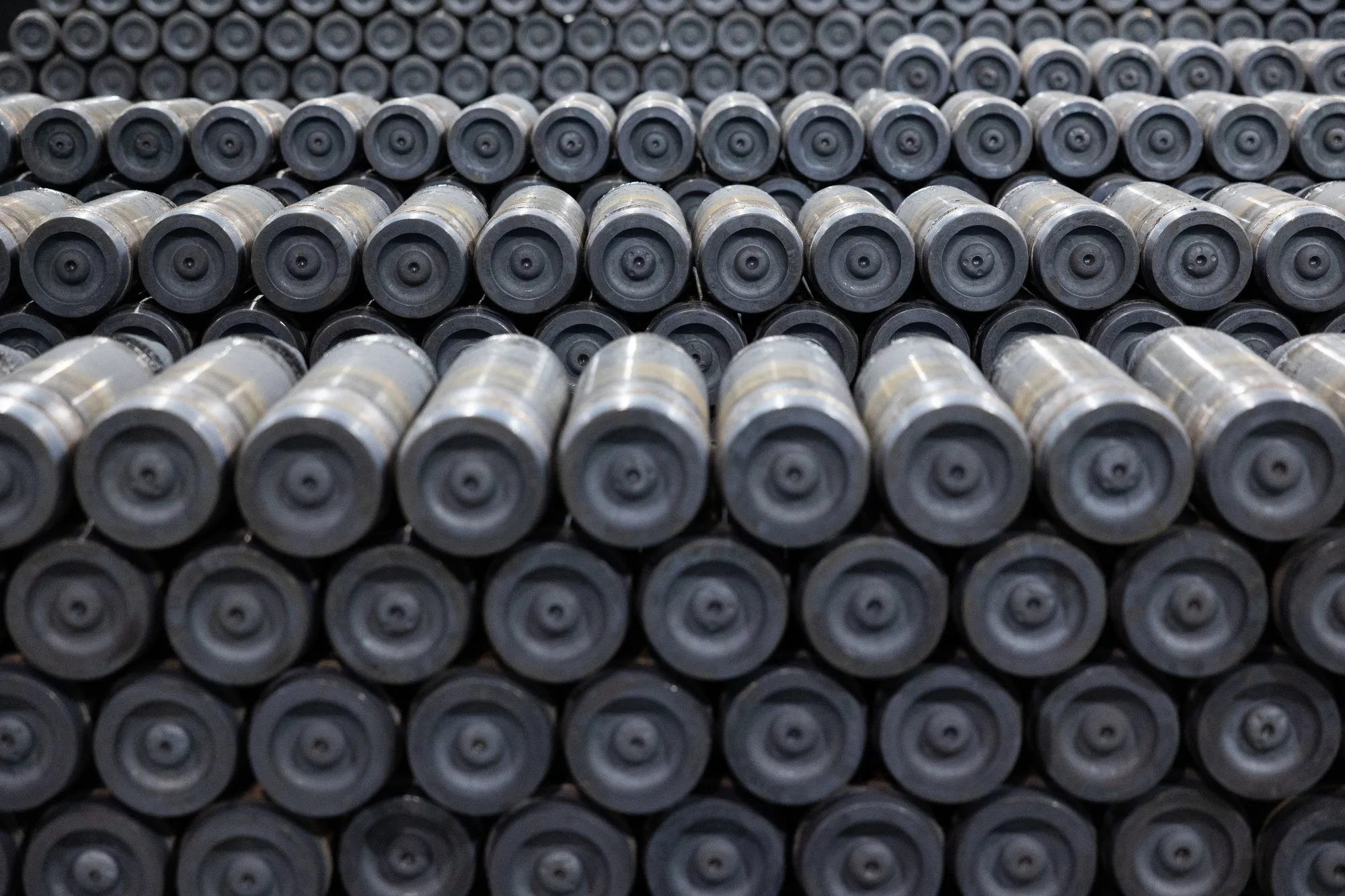 Projectiles yet to be completed at an ammunition plant.