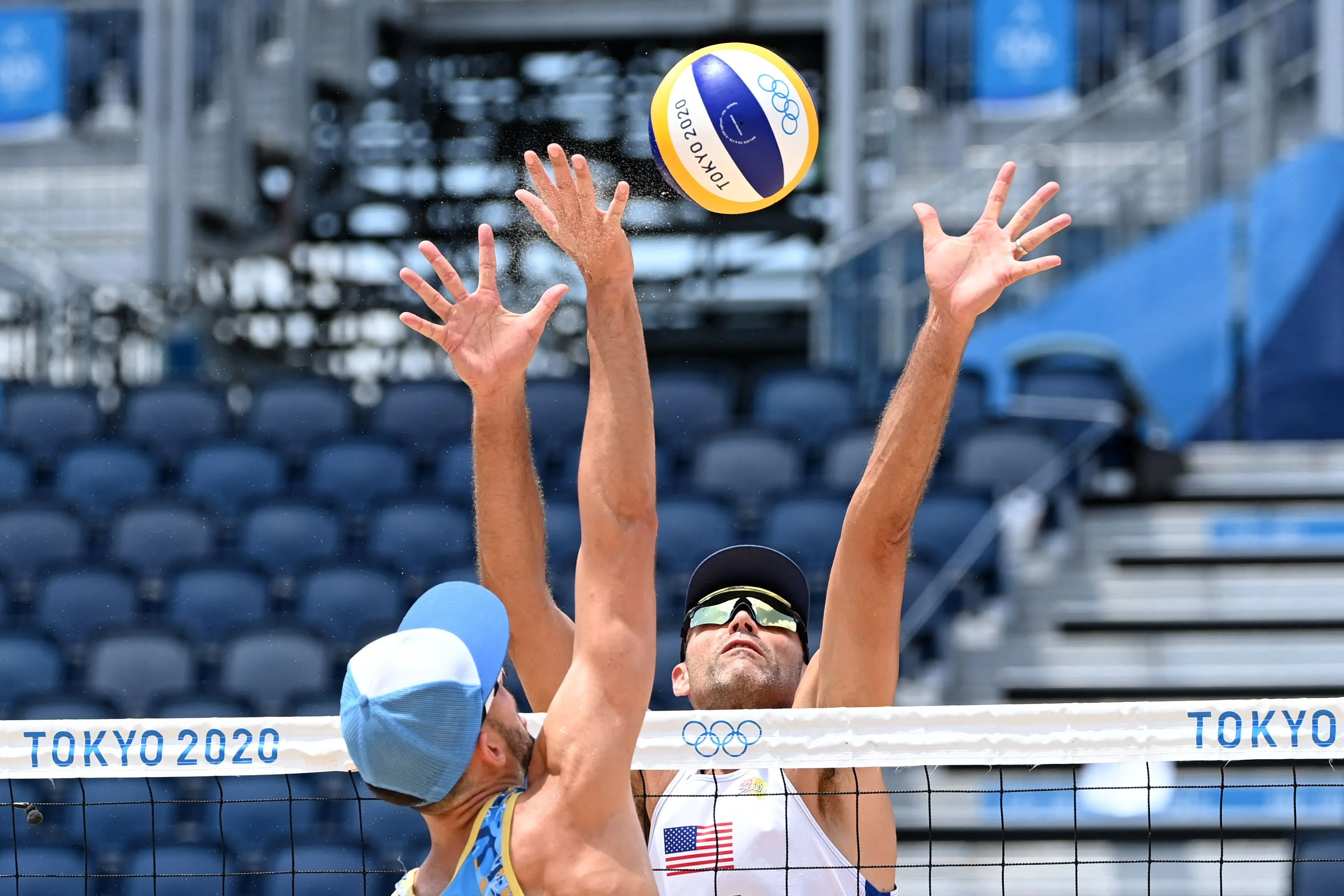 A near empty stadium during a men’s preliminary beach volleyball match between the USA and Argentina at Shiokaze Park in Tokyo, on July 29.