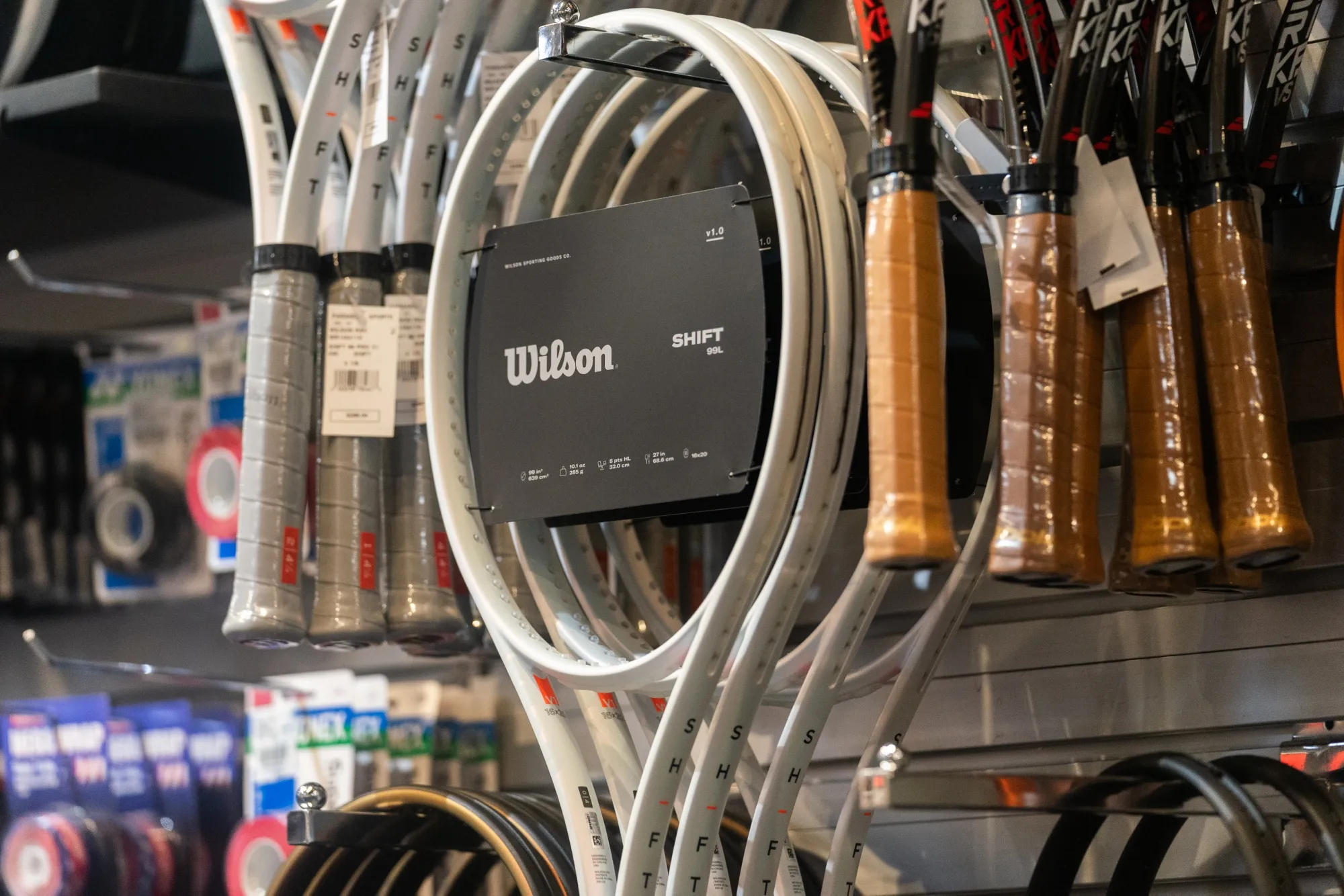 Wilson&nbsp;tennis rackets for sale at a&nbsp;store in New York.