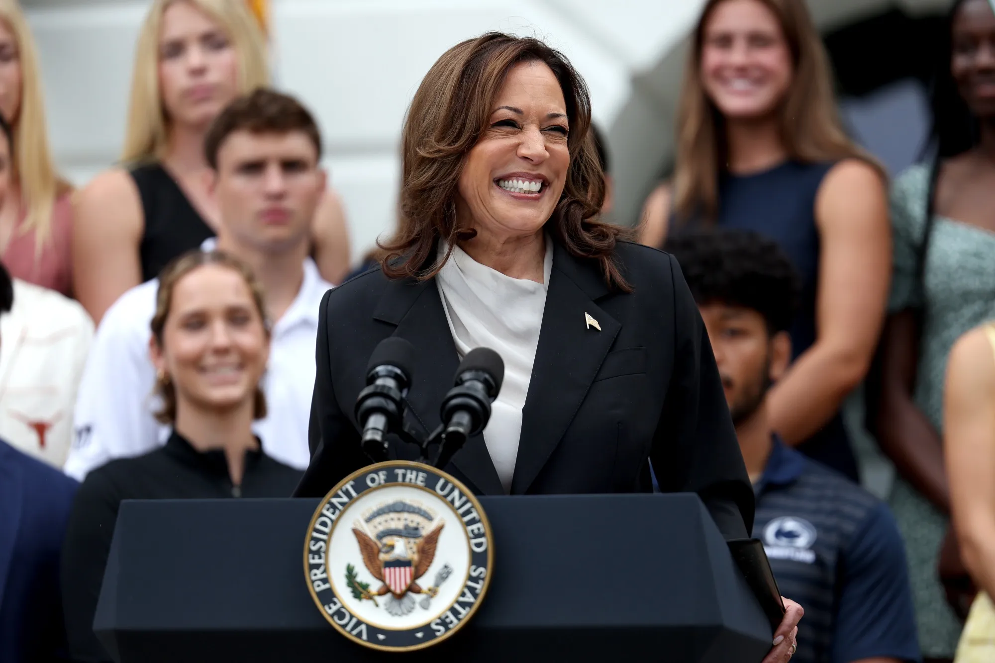 US Vice President Kamala Harris speaks on the South Lawn of the White House in Washington, DC, on Monday.&nbsp;