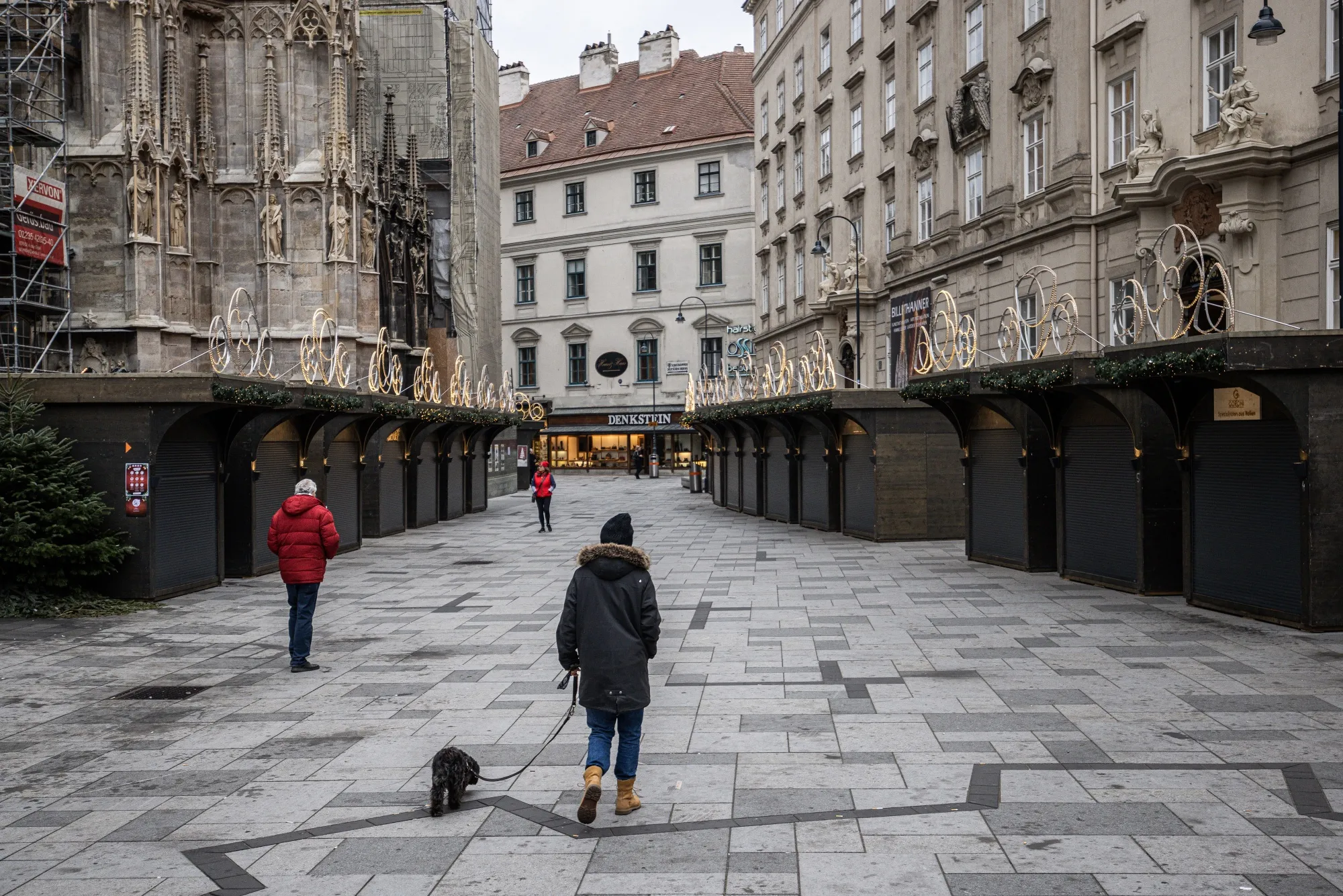 Closed Christmas market kiosks in central Vienna, Austria, on Nov. 22.