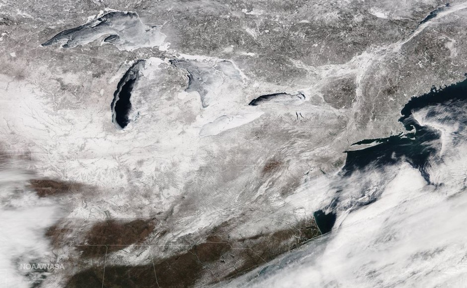 Ice covers parts of the Great Lakes in this satellite image from February 27.